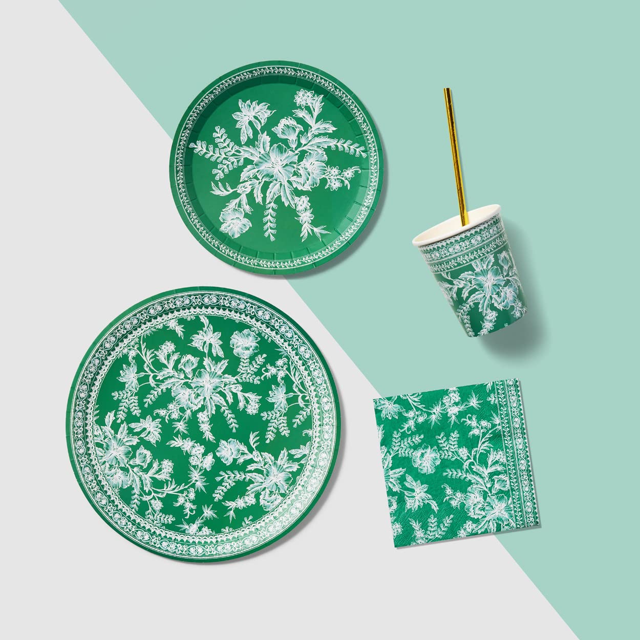 Coterie Green Toile Paper Cups (Set of 10) - Decorative & Durable Disposable Cups for Bridal Party, Birthday Party, Baby Shower, Tea Party, Spring