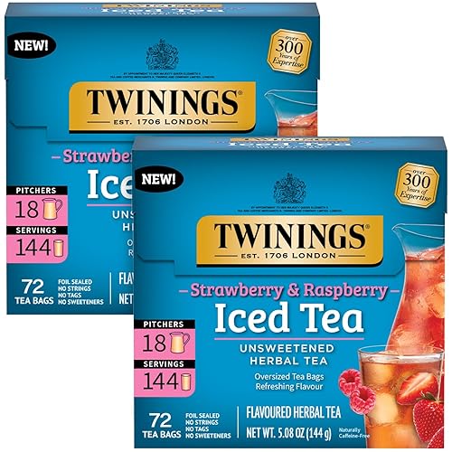 Twinings Strawberry & Raspberry Unsweetened Iced Tea 2-Pack - Oversized Herbal Teas, 72 Bags Per Box
