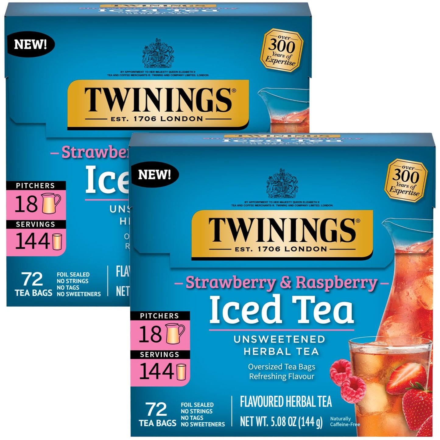 Twinings Strawberry & Raspberry Unsweetened Iced Tea 2-Pack - Oversized Herbal Teas, 72 Bags Per Box