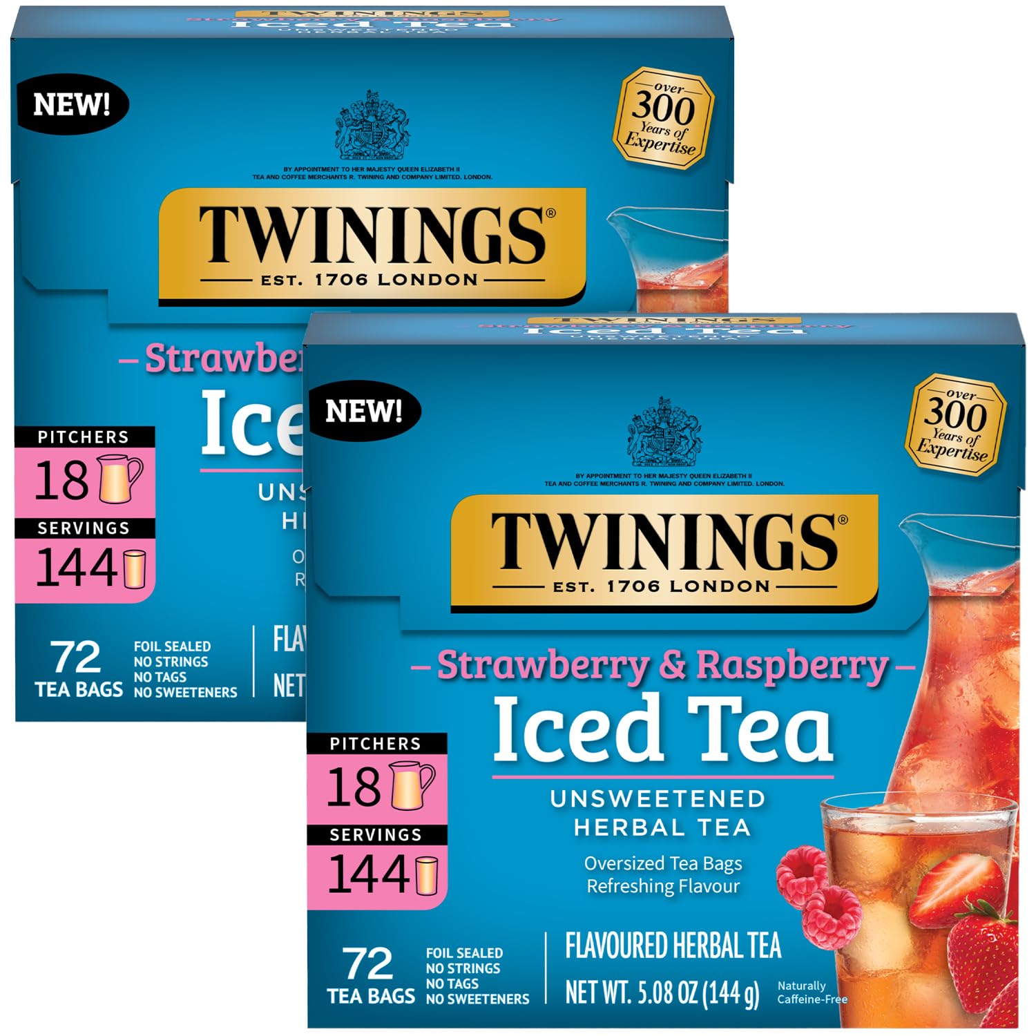 Twinings Strawberry & Raspberry Unsweetened Iced Tea 2-Pack - Oversized Herbal Teas, 72 Bags Per Box