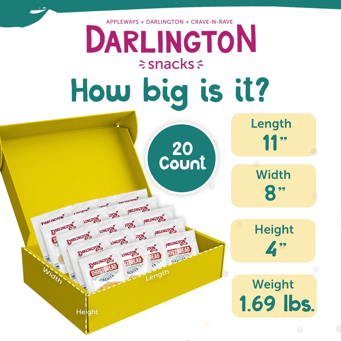 Darlington Snacks Shortbread Cookies Individually Wrapped, 1 oz, 20 Count - Shortbread Biscuit Bites, Kosher Cookie Snack Packs, Nut-Free Tea Biscuits