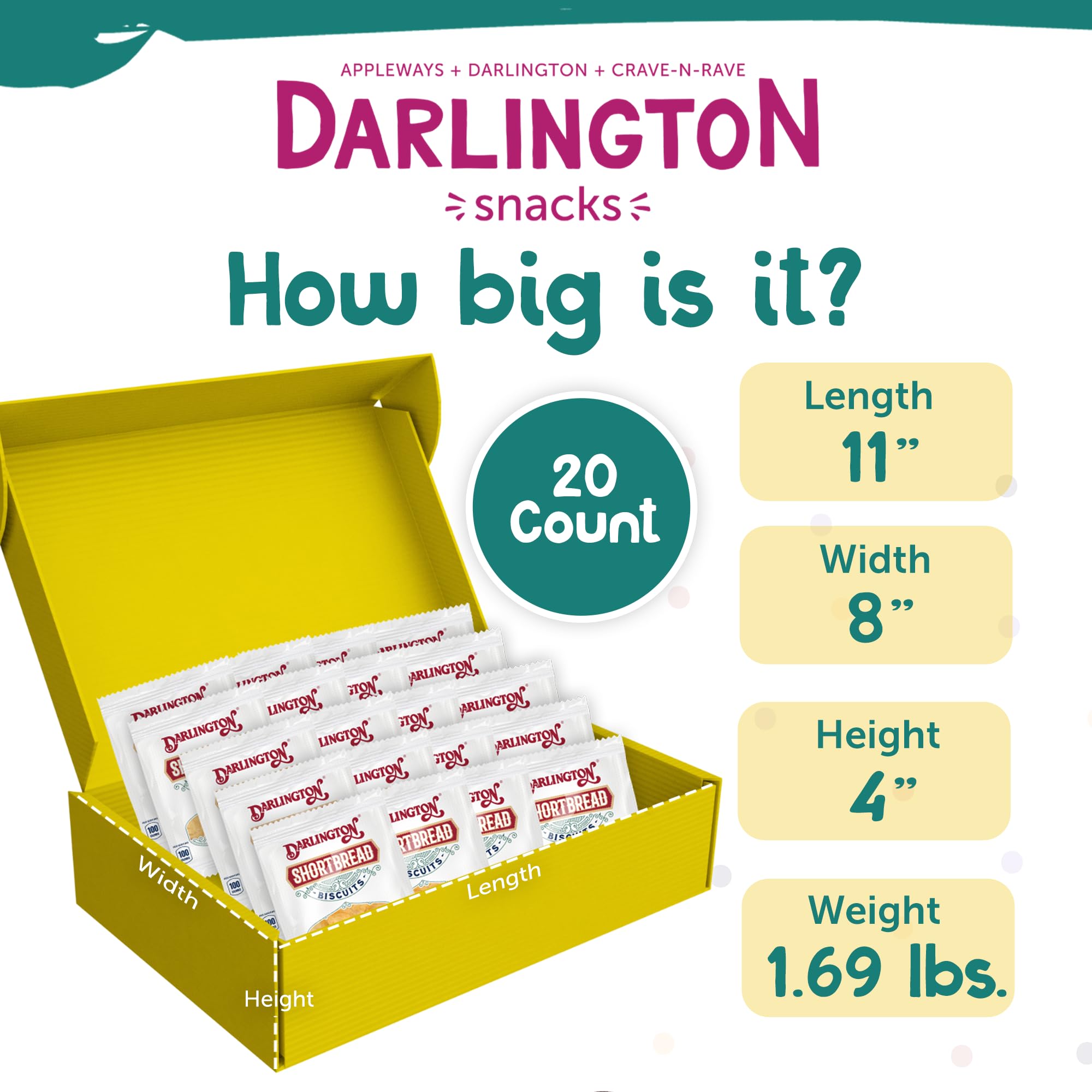 Darlington Snacks Shortbread Cookies Individually Wrapped, 1 oz, 20 Count - Shortbread Biscuit Bites, Kosher Cookie Snack Packs, Nut-Free Tea Biscuits