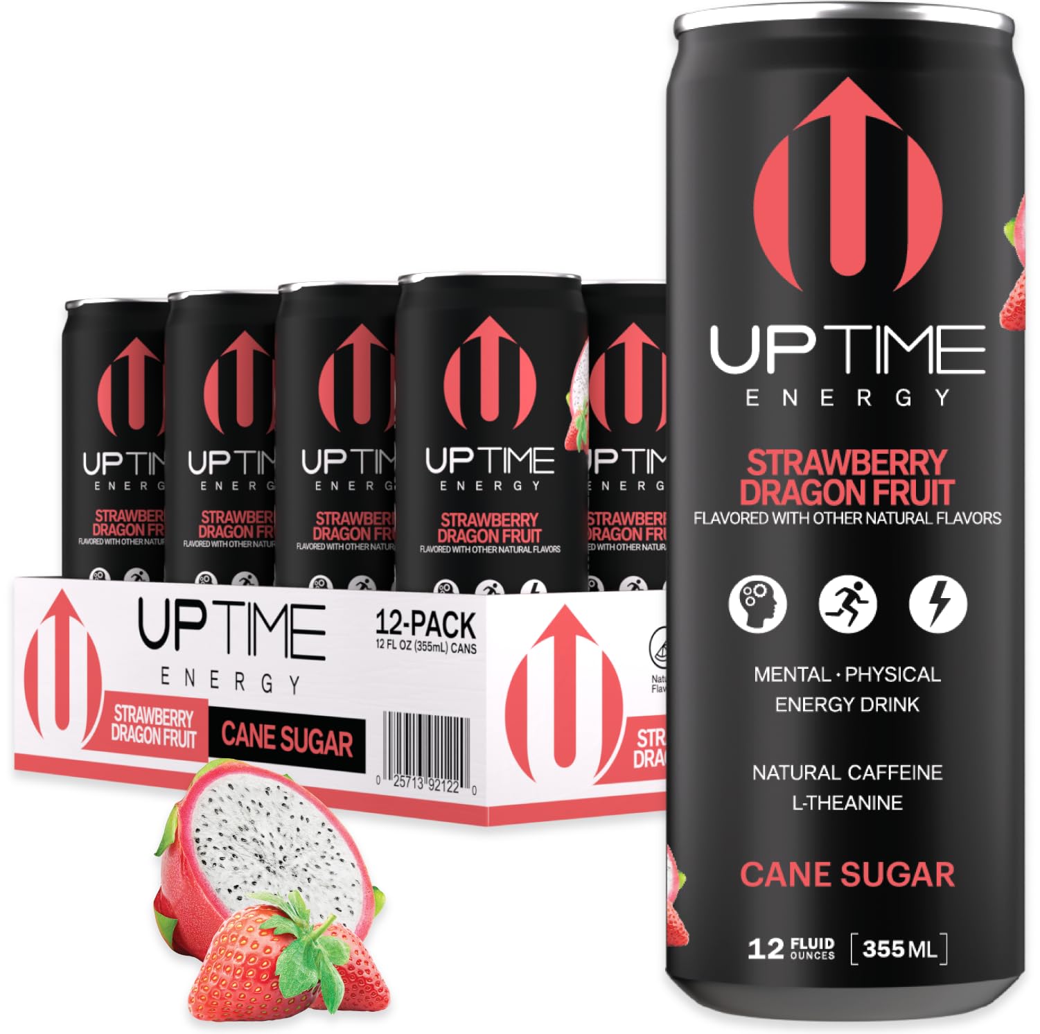 UPTIME Energy Drink, Strawberry Dragon Fruit Cane Sugar, 12 Pack, Vitamin C, L Theanine, Calcium, Energy Drinks for Focus Support, 142mg of Natural