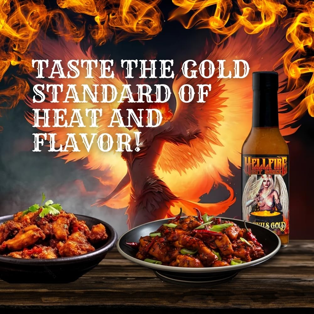 Hellfire Devil's Gold Hot Sauce, Multi Award-Winning, Gourmet Fruit-Based Hot Sauce, Features Yellow Super Hot Peppers and Exotic Fruits, Amazing