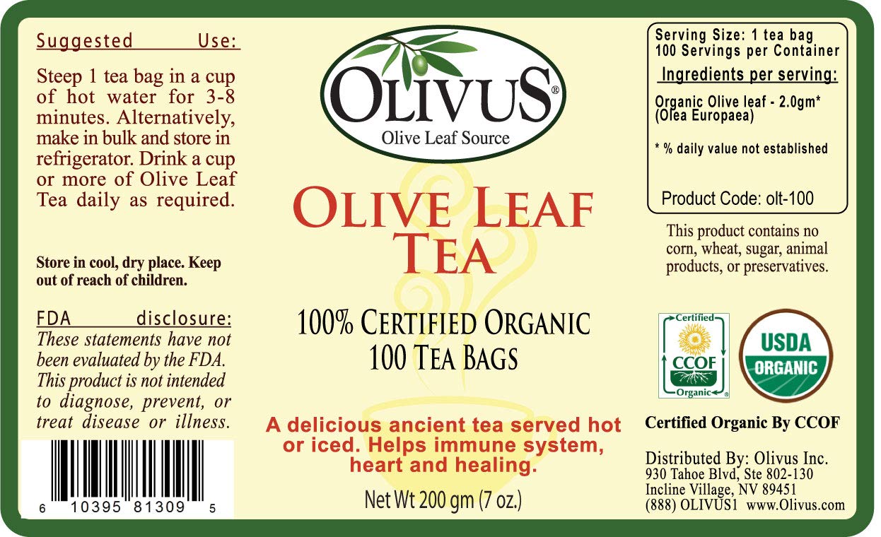 Olive Leaf Tea - Certified Organic - Non-GMO Herbal Tea Bags (100 count) - Sourced from Spain and Manufactured in USA - Antioxidant Immunity