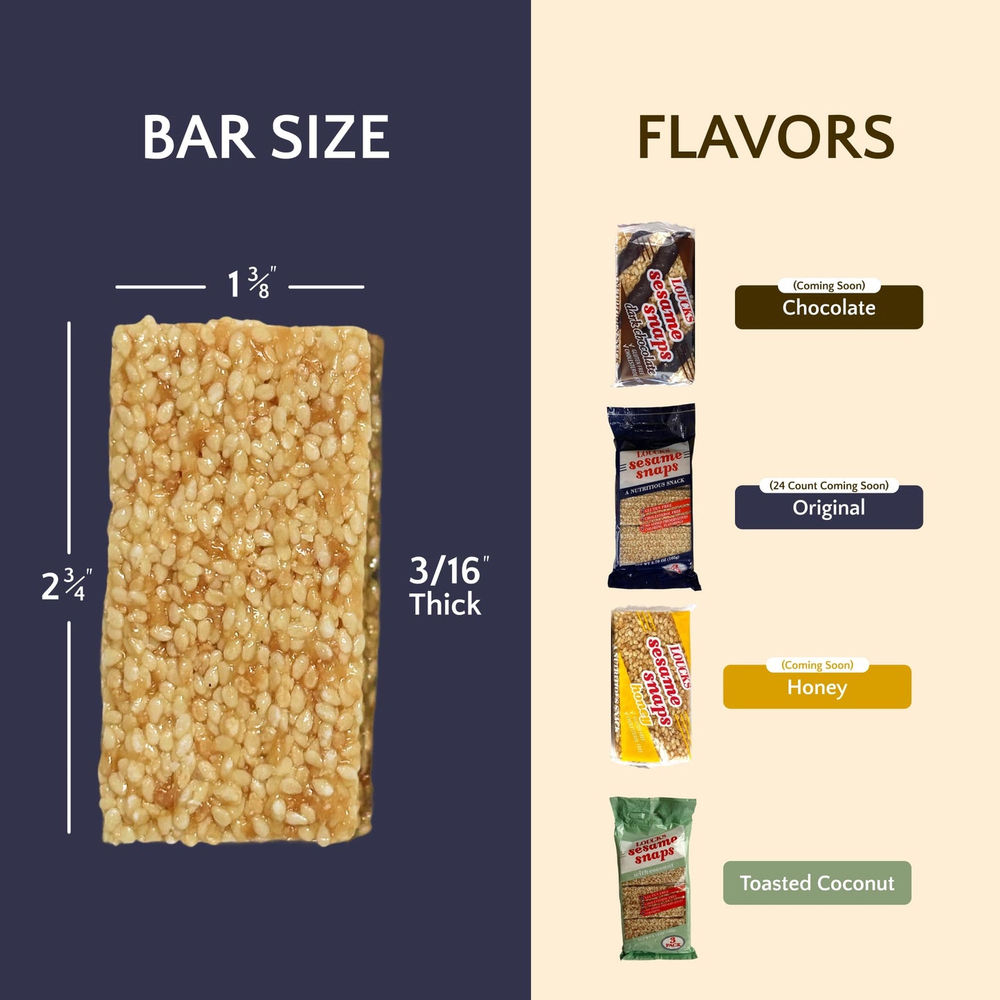 Loucks Original Sesame Snaps Candy Individually Wrapped 3-Pack (3 Bars, 4 Snap Pieces/Bar) Vegan, Gluten-Free, Cholesterol-Free, Kosher Sesame Seed