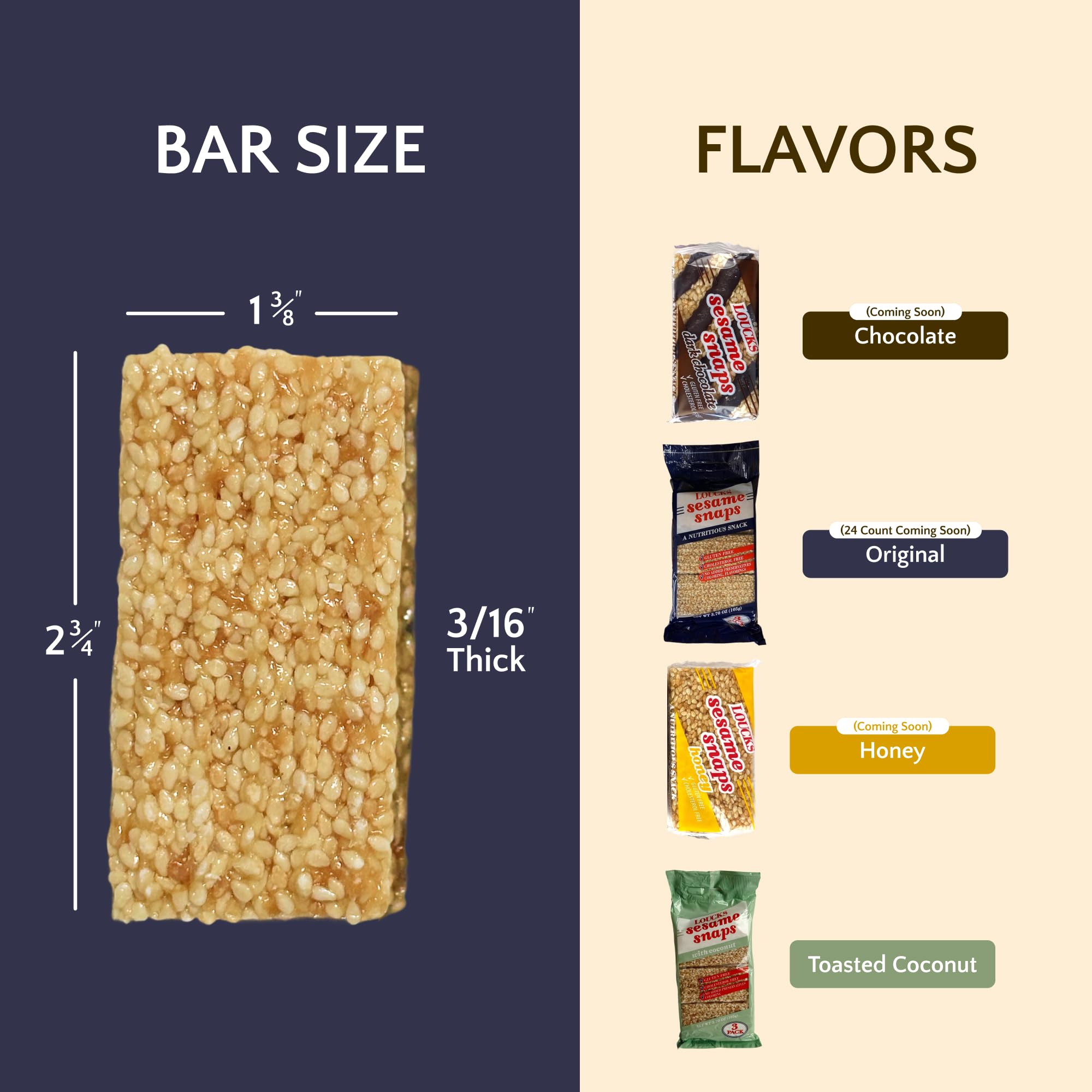 Loucks Original Sesame Snaps Candy Individually Wrapped 3-Pack (3 Bars, 4 Snap Pieces/Bar) Vegan, Gluten-Free, Cholesterol-Free, Kosher Sesame Seed