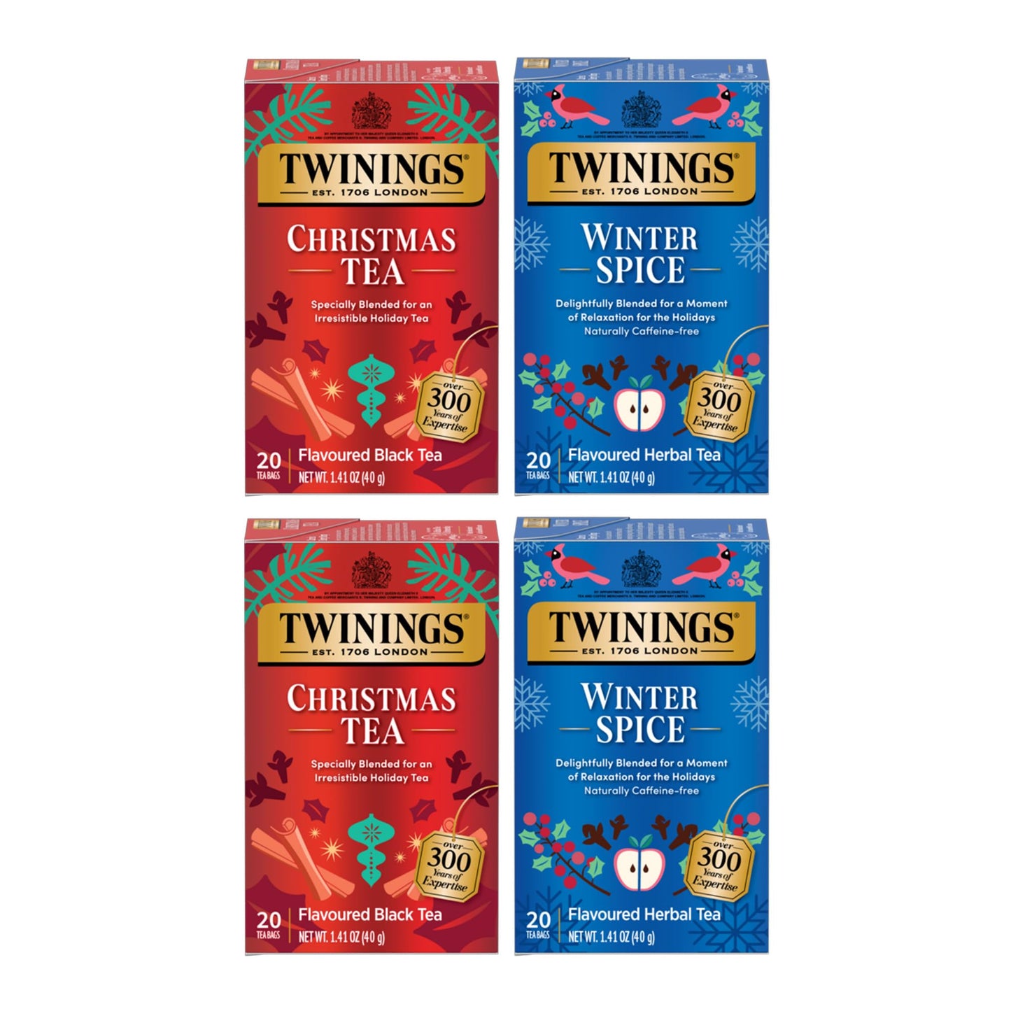Twinings Holiday Variety Pack Tea Bags, Christmas Tea and Winter Spice, 20 Count (Pack of 4), Enjoy Hot or Iced, 80 Teabags