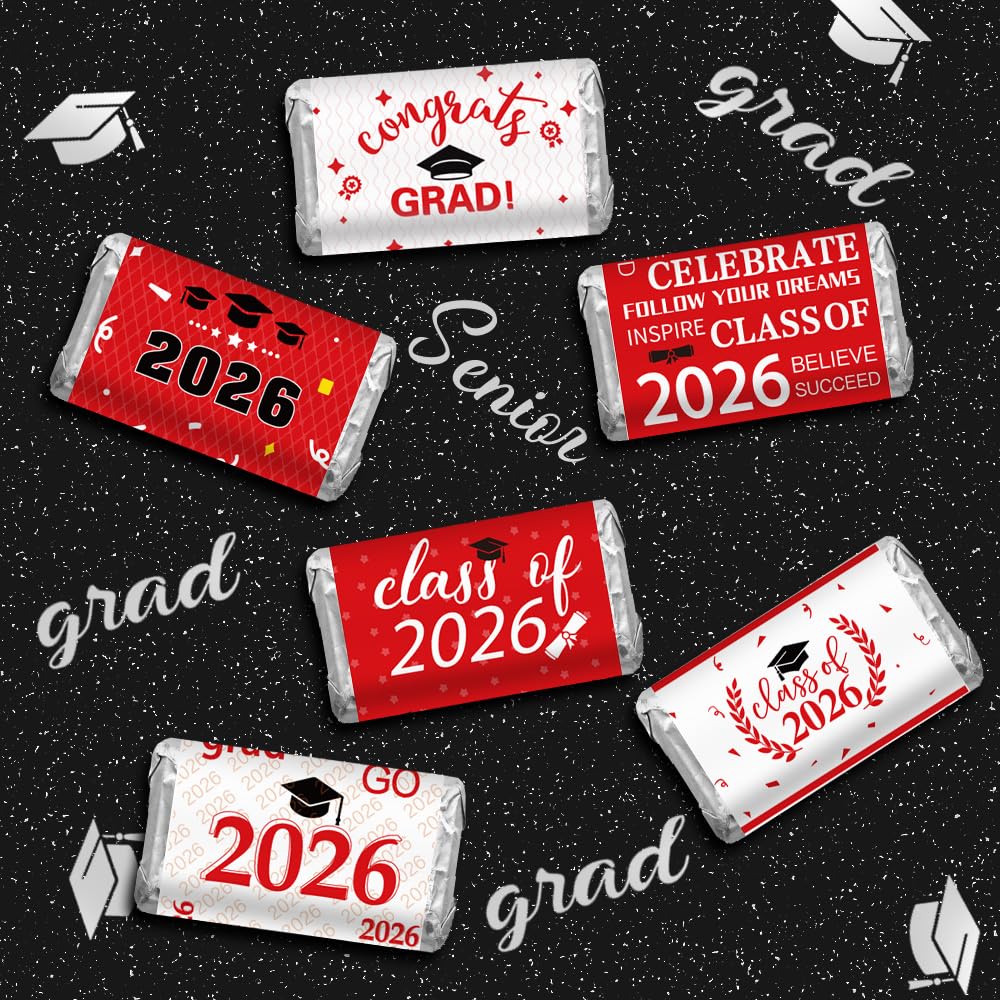 Graduation Party Decorations, 2026 Graduation Candy Stickers, 120 PCS Red White Congrats Grad Mini Candy Wrappers Class of 2026 Bar Label Sticker Gift