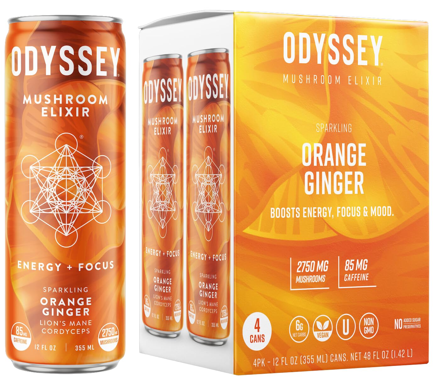 Odyssey Elixir Sparkling Adaptogen Drink, Low Calorie Drinks with L Theanine, Lions Mane, Cordyceps and Green Tea Caffeine for Energy and Focus