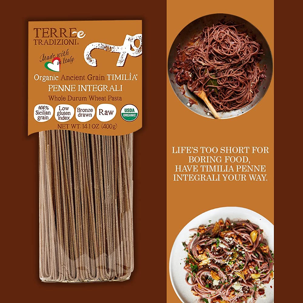 Terre e Tradizioni 3 PACKS ORGANIC ITALIAN WHOLE DURUM WHEAT SPAGHETTI PASTA - Sicilian Ancient Grain Timilia Vegan Pasta. LOW-GLUTEN INDEX, Farm