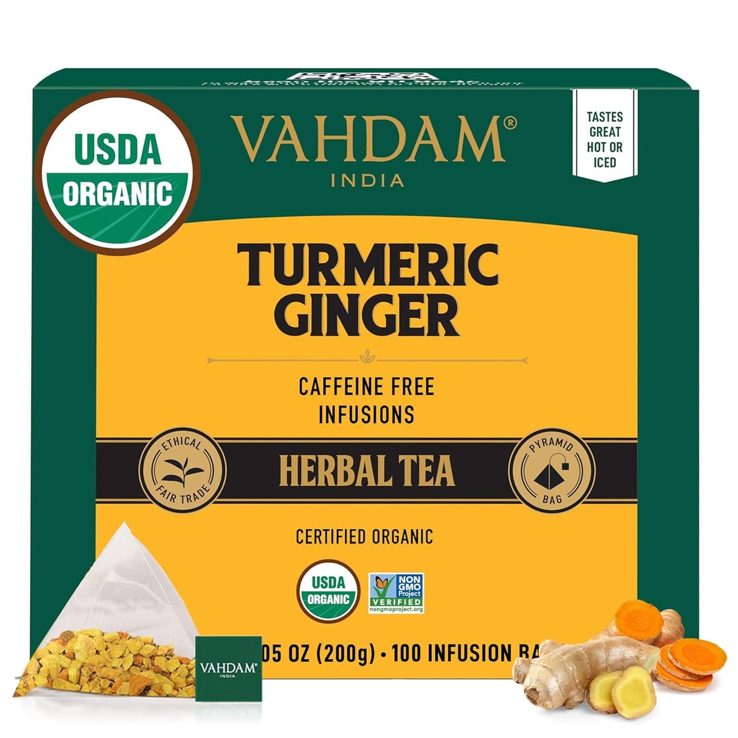 VAHDAM Organic Turmeric Ginger Herbal Tea Bags (100 Pyramid Tea Bags) Caffeine Free, Non GMO | 100% Pure Herbal Blend - Savory & Spicy, Plant-Based