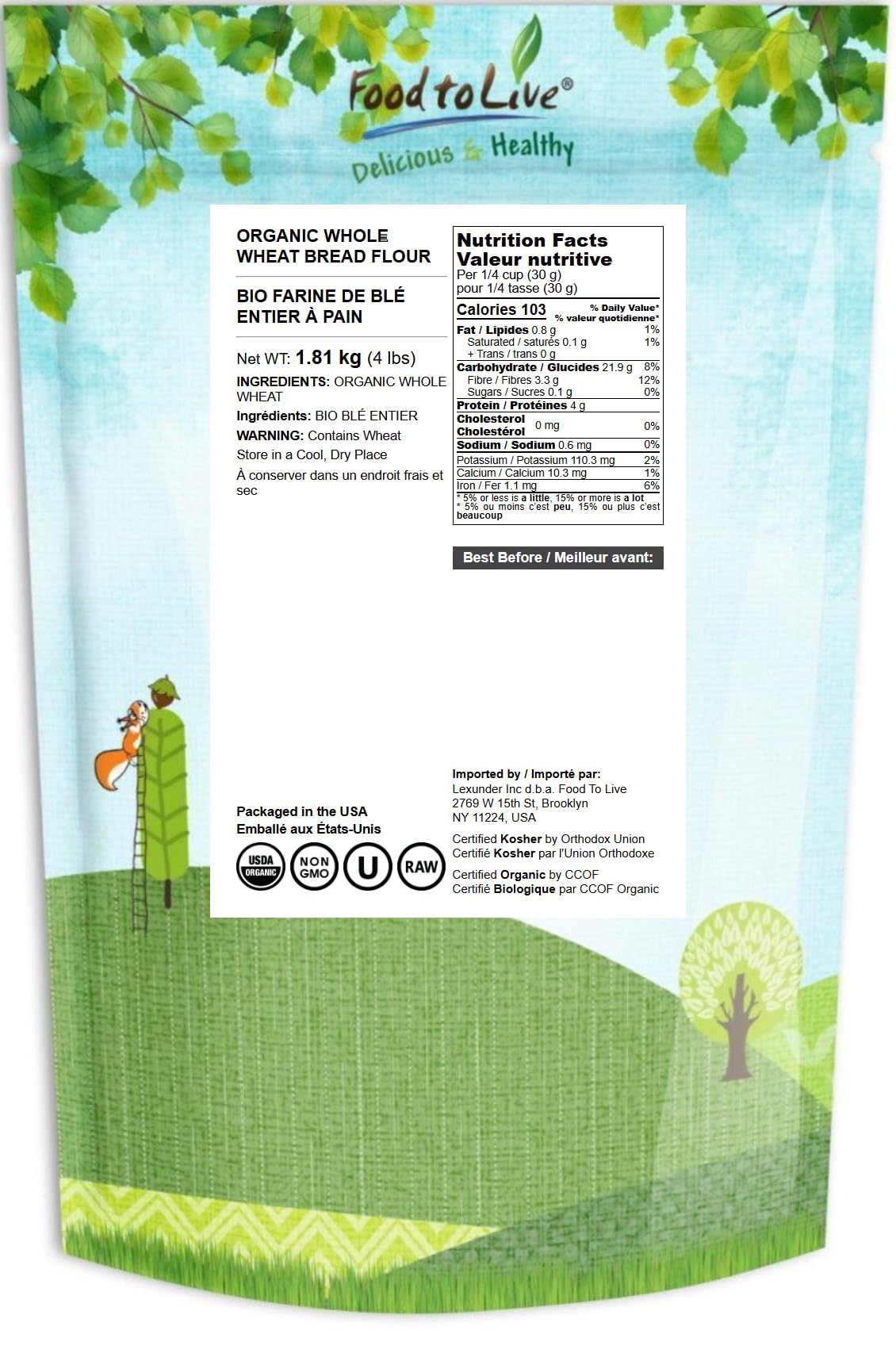 Food to Live Organic Whole Wheat Bread Flour, 4 Pounds Whole Grain, Stone Ground, Unbleached, Non-GMO, Kosher, Unbromated, Raw, Vegan, Bulk, Product