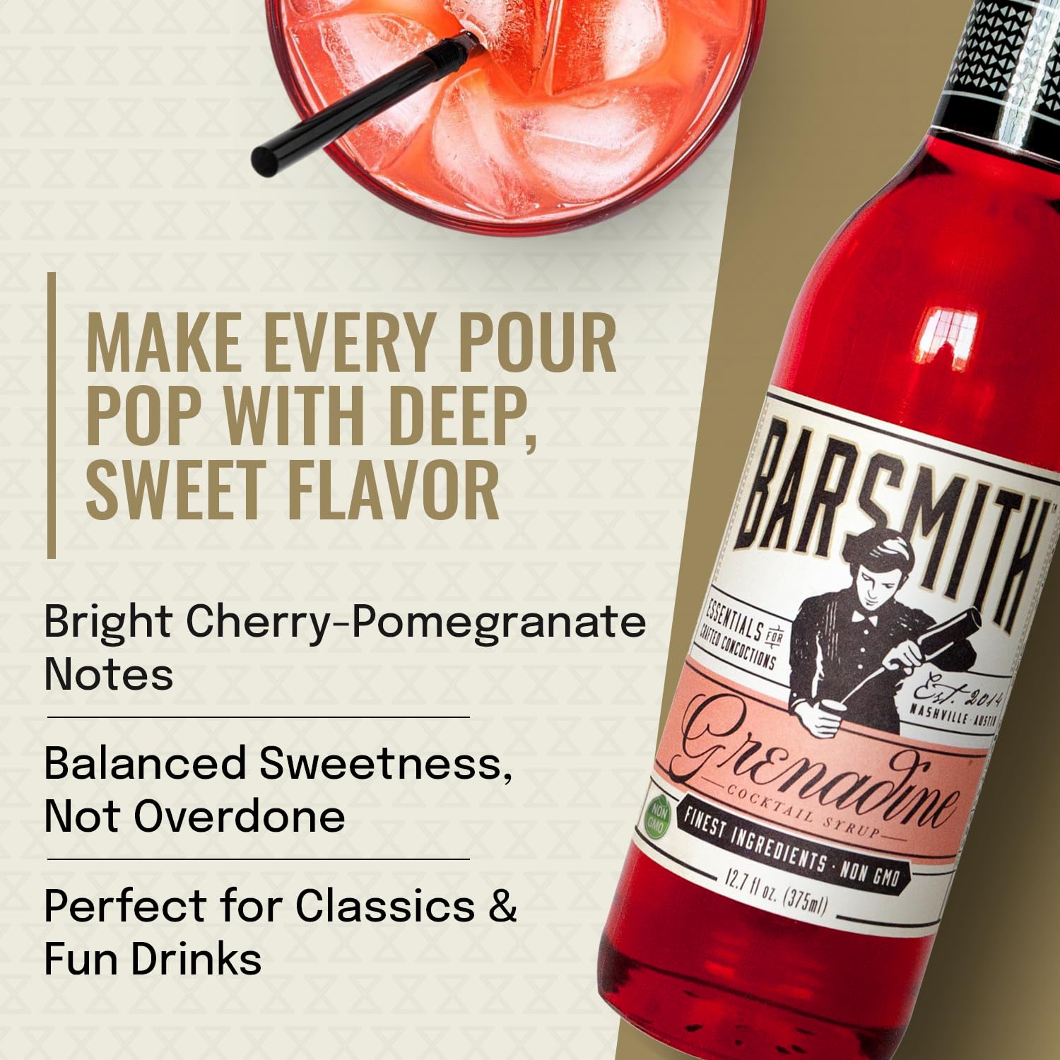 Barsmith Bar Essentials Grenadine Syrup - Sweet Cherry and Pomegranate Notes - No Artificial Flavors & Non-GMO Cocktail Mixer - Ideal for Shirley