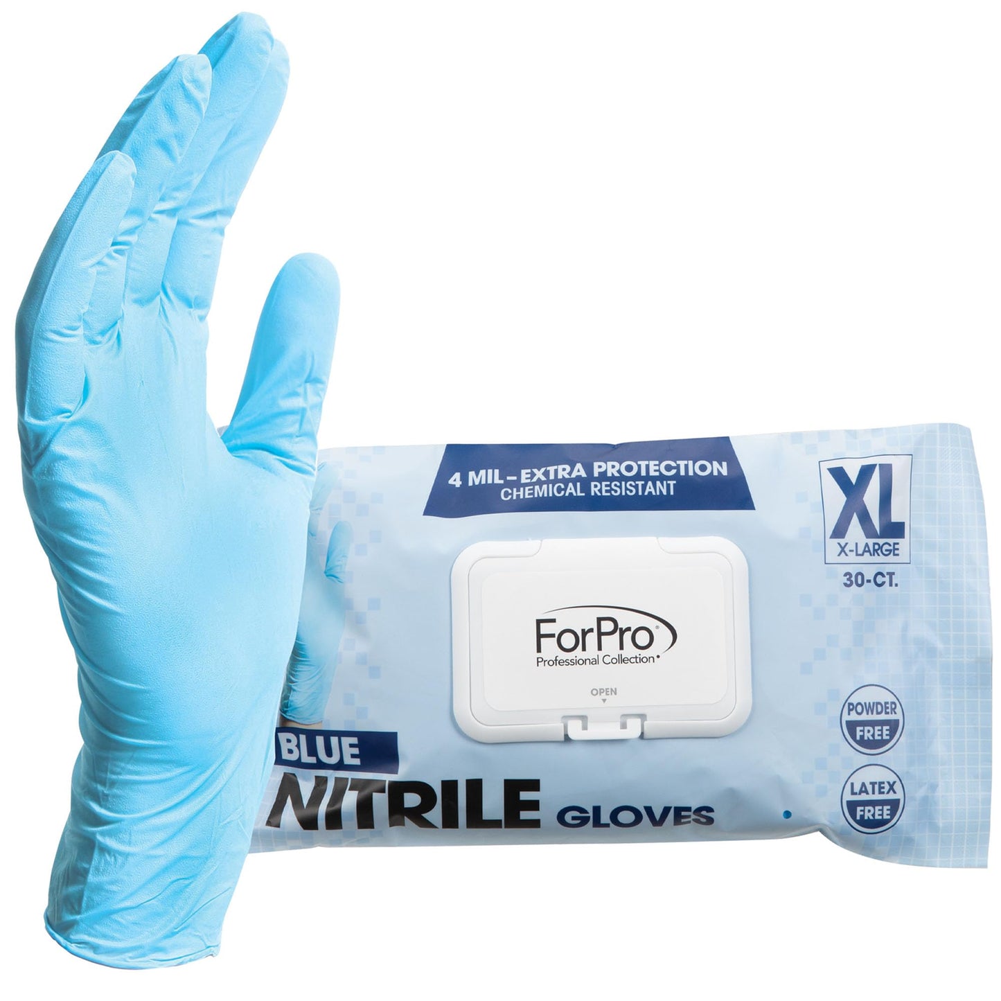 ForPro Professional Collection Disposable Nitrile Gloves, Chemical Resistant, Powder-Free, Latex-Free, Non-Sterile, Food Safe, 4 Mil, Blue, X-Large