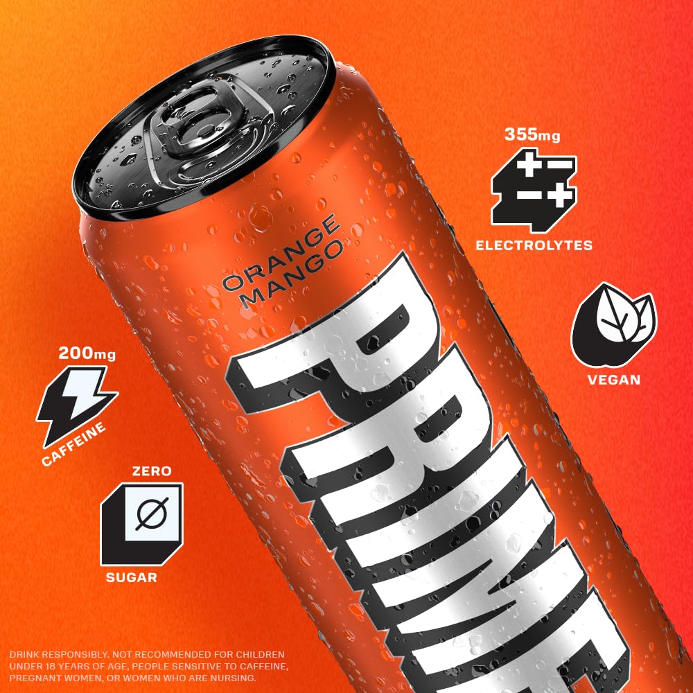 PRIME Energy ORANGE MANGO | Zero Sugar Energy Drink | Preworkout Energy | 200mg Caffeine with 355mg of Electrolytes and Coconut Water for Hydration|