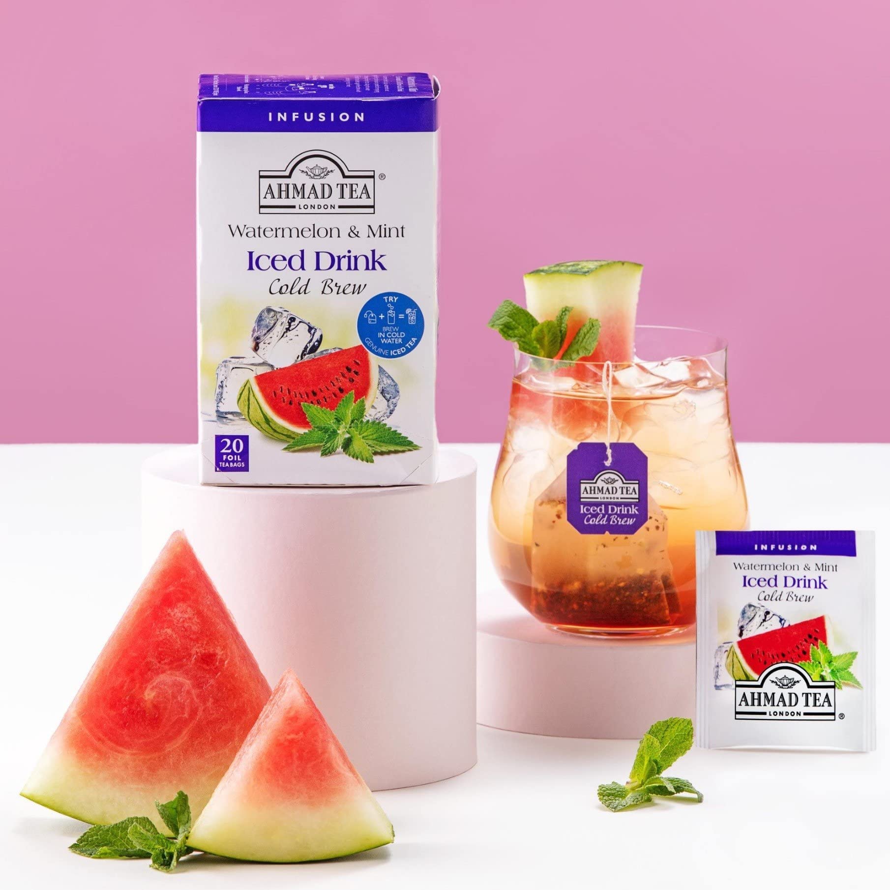 Ahmad Tea Herbal Tea, Cold Brew Watermelon & Mint Teabags, Iced Tea, 20 ct (Pack of 1) - Decaffeinated