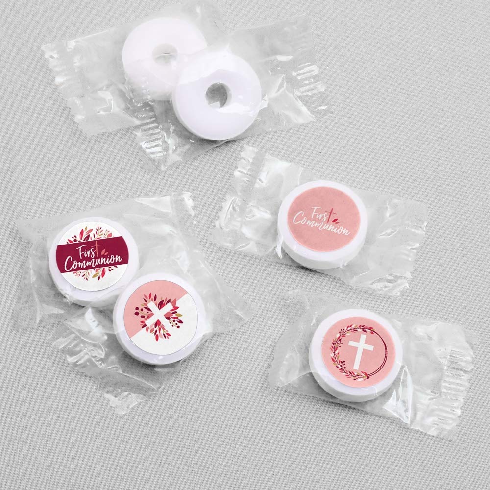 Big Dot of Happiness First Communion Pink Elegant Cross - Girl Religious Party Round Candy Sticker Favors - Labels Fit Chocolate Candy (1 Sheet