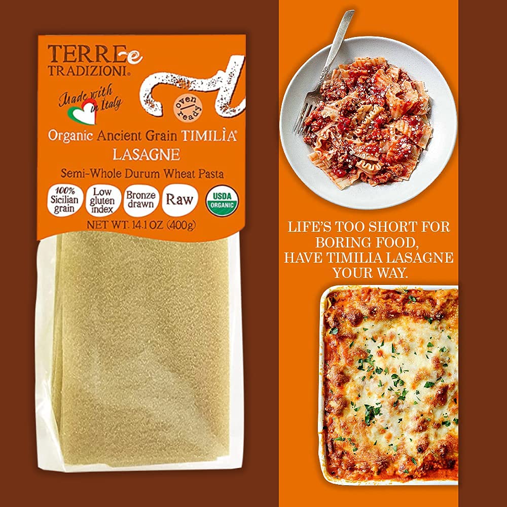 TERRE E TRADIZIONI Organic Italian LASAGNA Pasta Semi- Whole Durum Wheat Semolina Pasta - Italian TIMILIA Organic Ancient Grain LASAGNA Pasta - Vegan