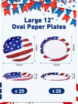 Dereinwo Patriotic Oval Paper Plates Large 12" X 10" Disposable Platters Party Goods Set July 4th American Flag Design Red Blue and White Paper Plates