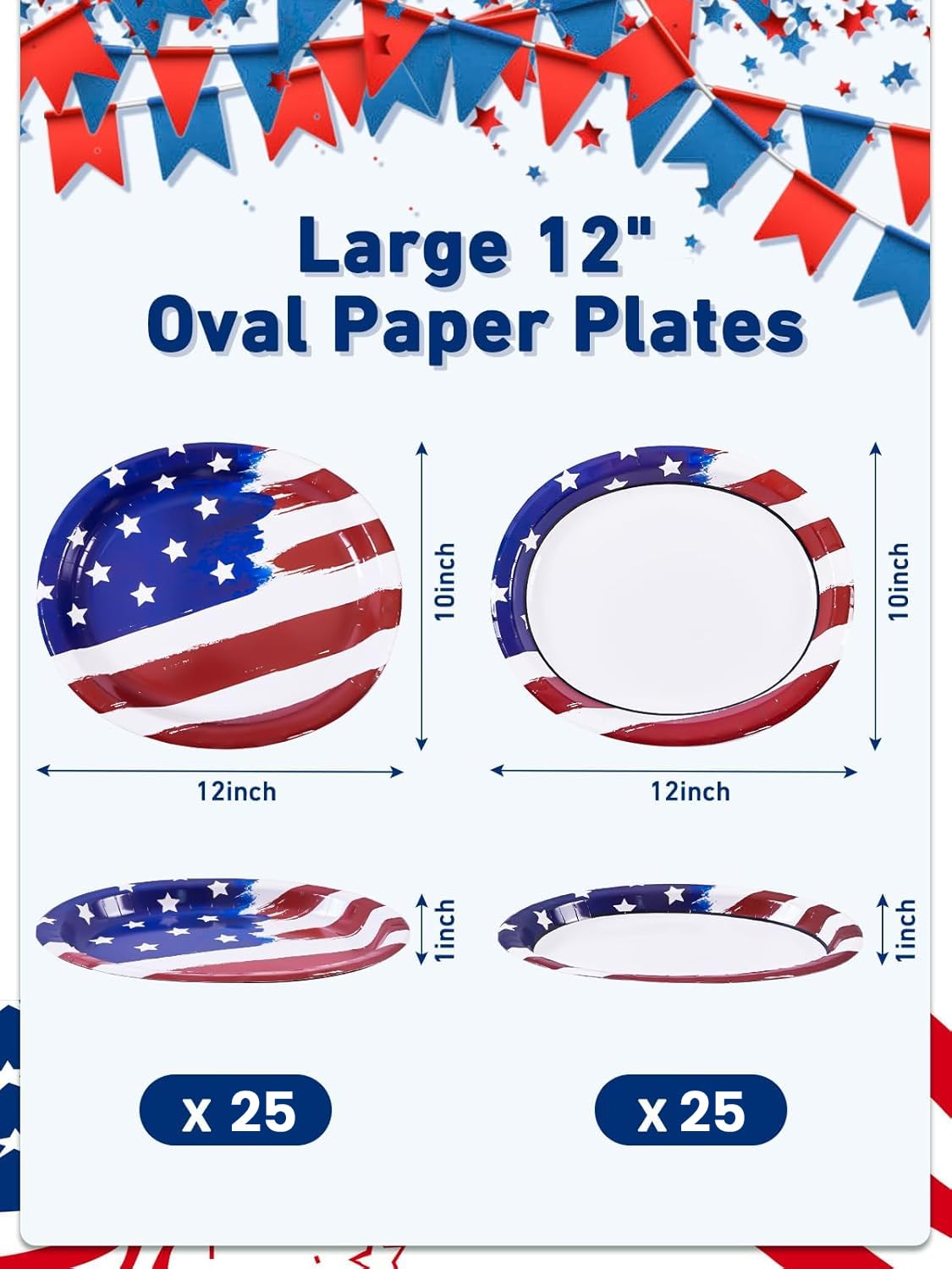 Dereinwo Patriotic Oval Paper Plates Large 12" X 10" Disposable Platters Party Goods Set July 4th American Flag Design Red Blue and White Paper Plates