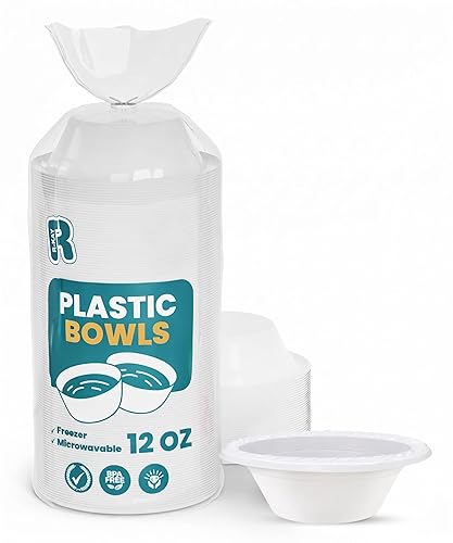 R-kay Plastic Bowls - 100 Count Microwavable Disposable Bowls - Strong Heavy Duty And Sturdy White Plastic Bowls Disposable (12 OZ, 100)