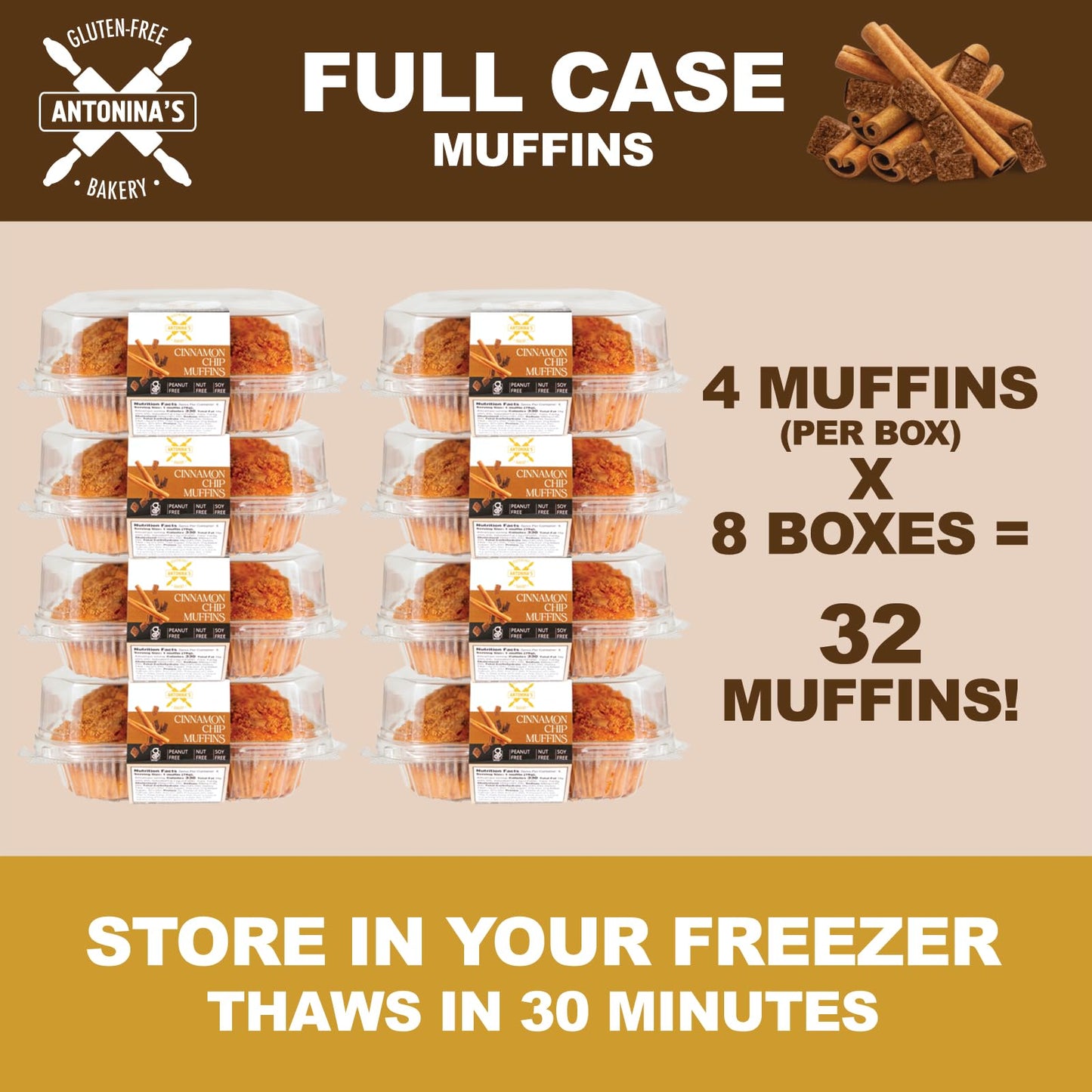 Antonina's Gluten-Free Bakery Cinnamon Chip Muffins | Nut Free | Peanut Free | Soy Free | Taste Homemade | Eigtht 4-Packs (32 Muffins)