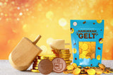The Dreidel Company 25 Premium Belgian Chocolate Gelt Milk Chocolate Coins, Gold Hanukkah Gelt, with Menorah and Dreidel Design (24 Bags)