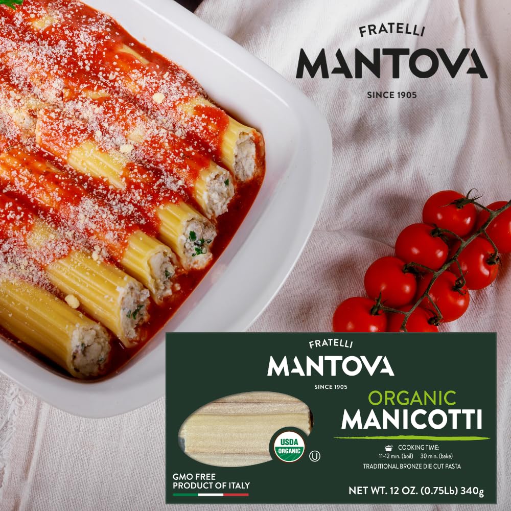 Mantova Organic Manicotti Pasta - Pack of 3, Product of Italy - Bronze cut, Large Tube Italian Pasta for Stuffed Manicotti, Baked Pasta Recipes