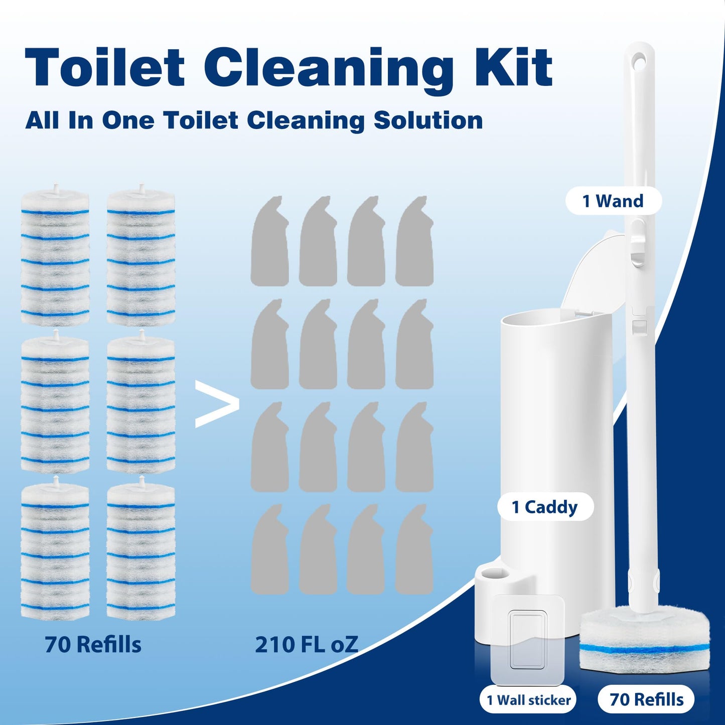 Disposable Toilet Brush with 70 Refills, Wall Mounted Toilet Bowl Cleaner Wand Kit and Holder, Bathroom Cleaning Supplies, Toilet Scrubber Disposable