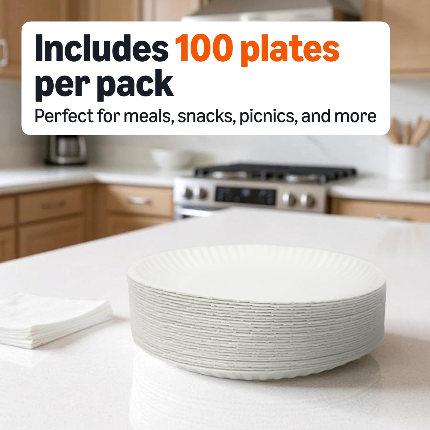 Amazon Basics 9" Uncoated White Paper Plates, Microwave Safe, 100 Count