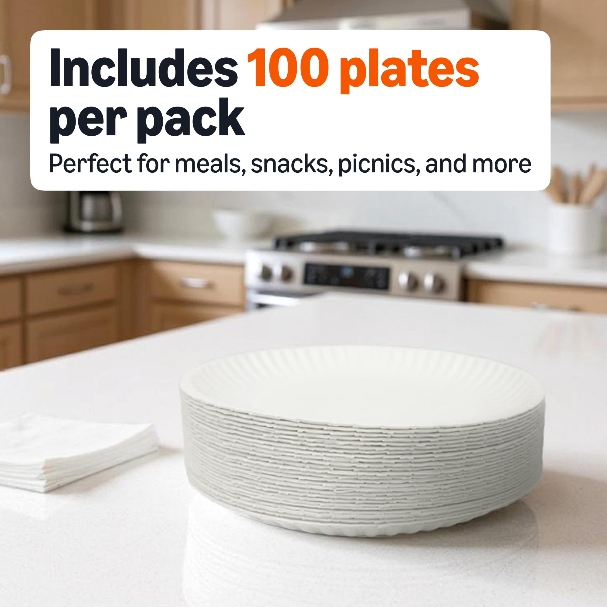 Amazon Basics 9" Uncoated White Paper Plates, Microwave Safe, 100 Count