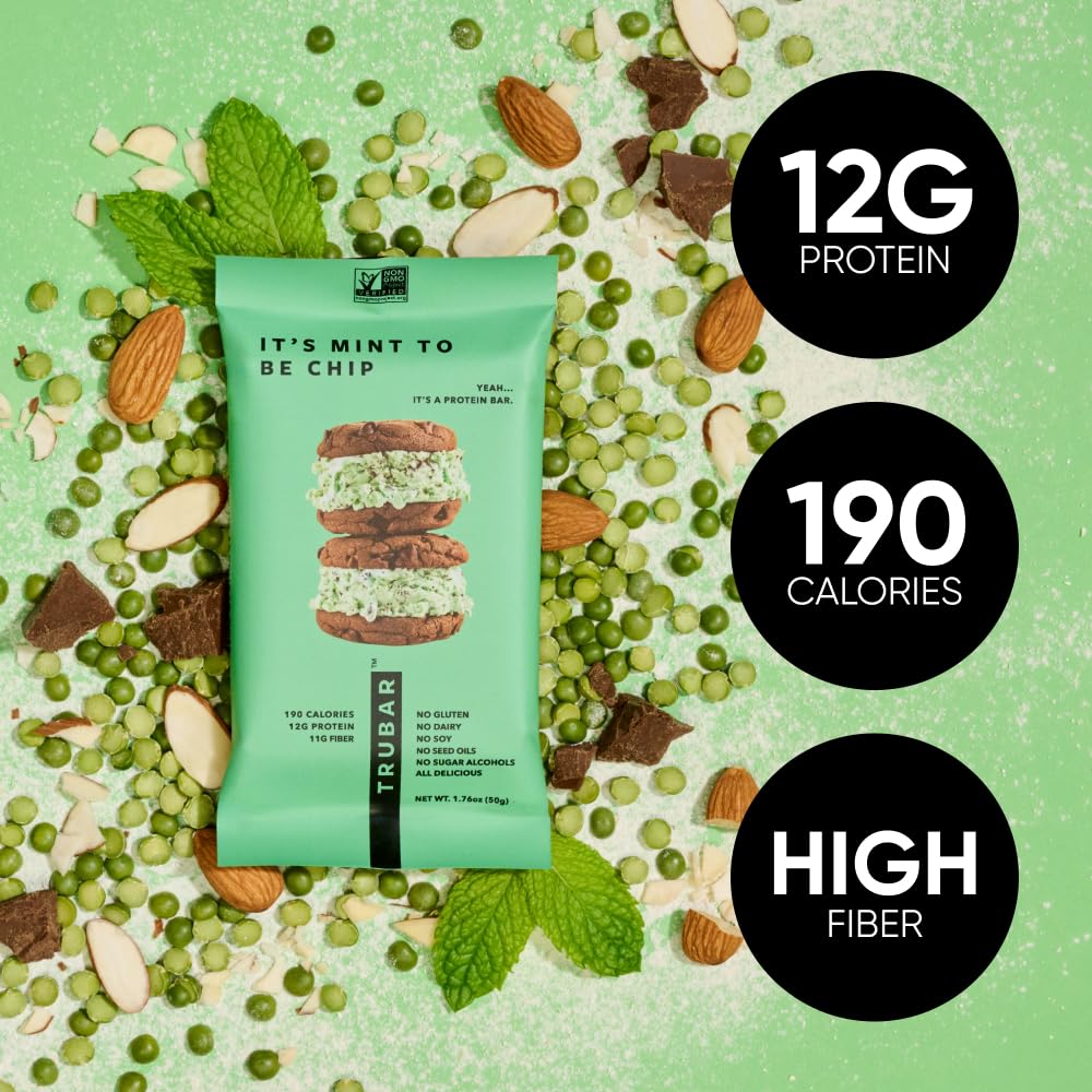 TRUBAR Vegan Protein Bar,It's Mint To Be Chip, Gluten Free, Plant Based Protein, Dairy Free, Non GMO, Soy Free, No Sugar Alcohols, 12G Protein, 12G