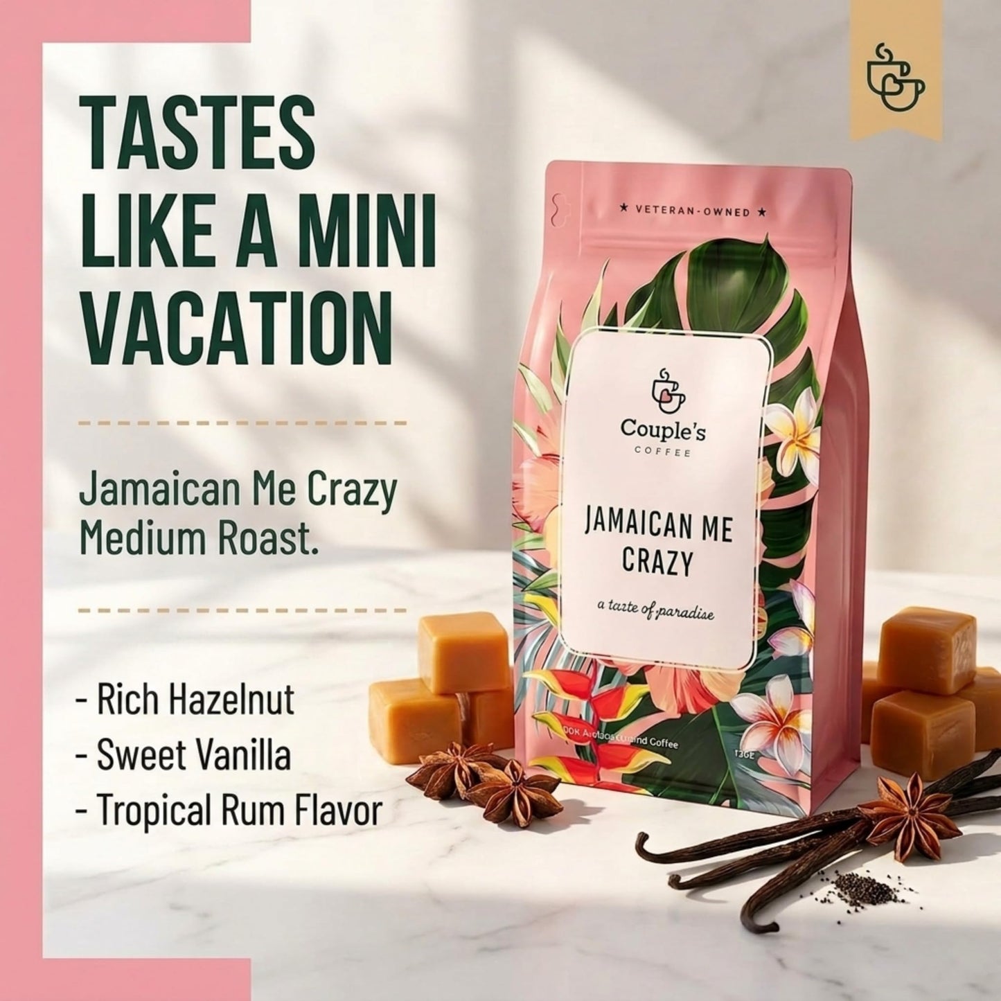 Couple's Coffee Jamaican Me Crazy Ground Coffee, Vanilla Hazelnut & Rum Flavored Medium Roast Coffee, 100% Arabica Coffee, Supports Military Families