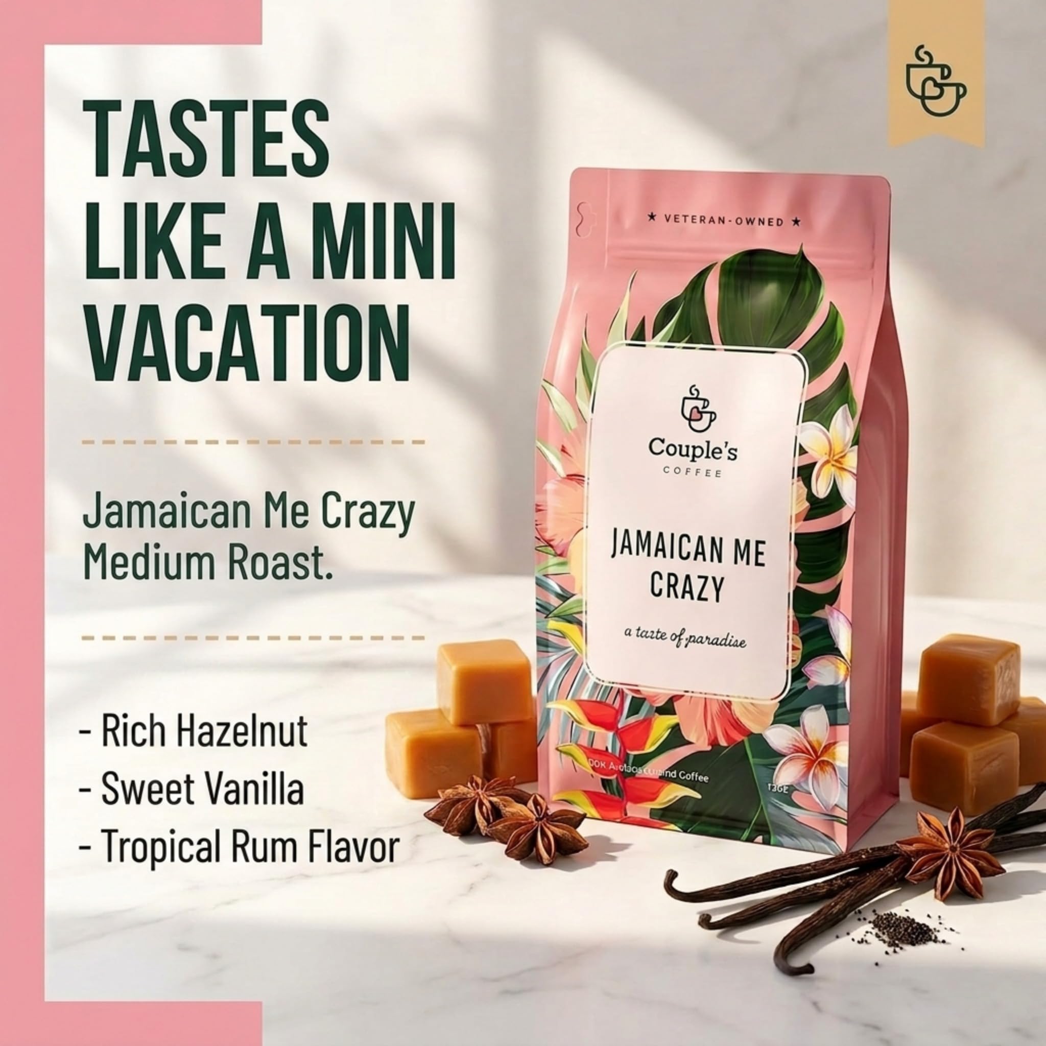 Couple's Coffee Jamaican Me Crazy Ground Coffee, Vanilla Hazelnut & Rum Flavored Medium Roast Coffee, 100% Arabica Coffee, Supports Military Families