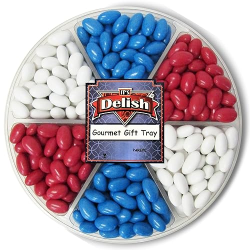 Patriotic Jordan Almonds Large Gift Tray by Its Delish, 36 OZ Gift Box | Red White and Blue Candied Almonds | Fourth of July Party Decorations US Flag