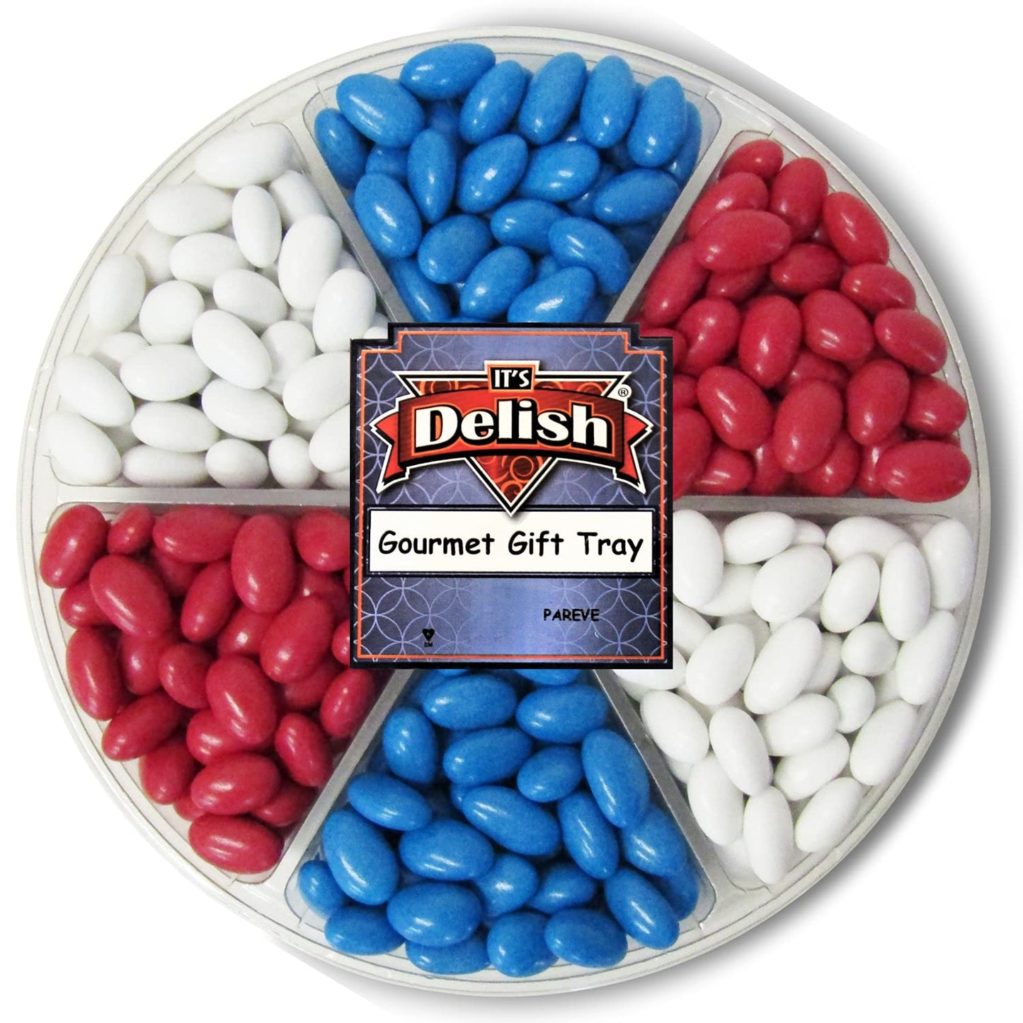 Patriotic Jordan Almonds Large Gift Tray by Its Delish, 36 OZ Gift Box | Red White and Blue Candied Almonds | Fourth of July Party Decorations US Flag