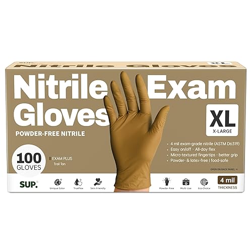 SUP Powder-Free Nitrile Gloves, 100 Count Food Safe Latex-Free Disposable Gloves for Medical Cooking Cleaning Food Prep, Tan (X-Large)