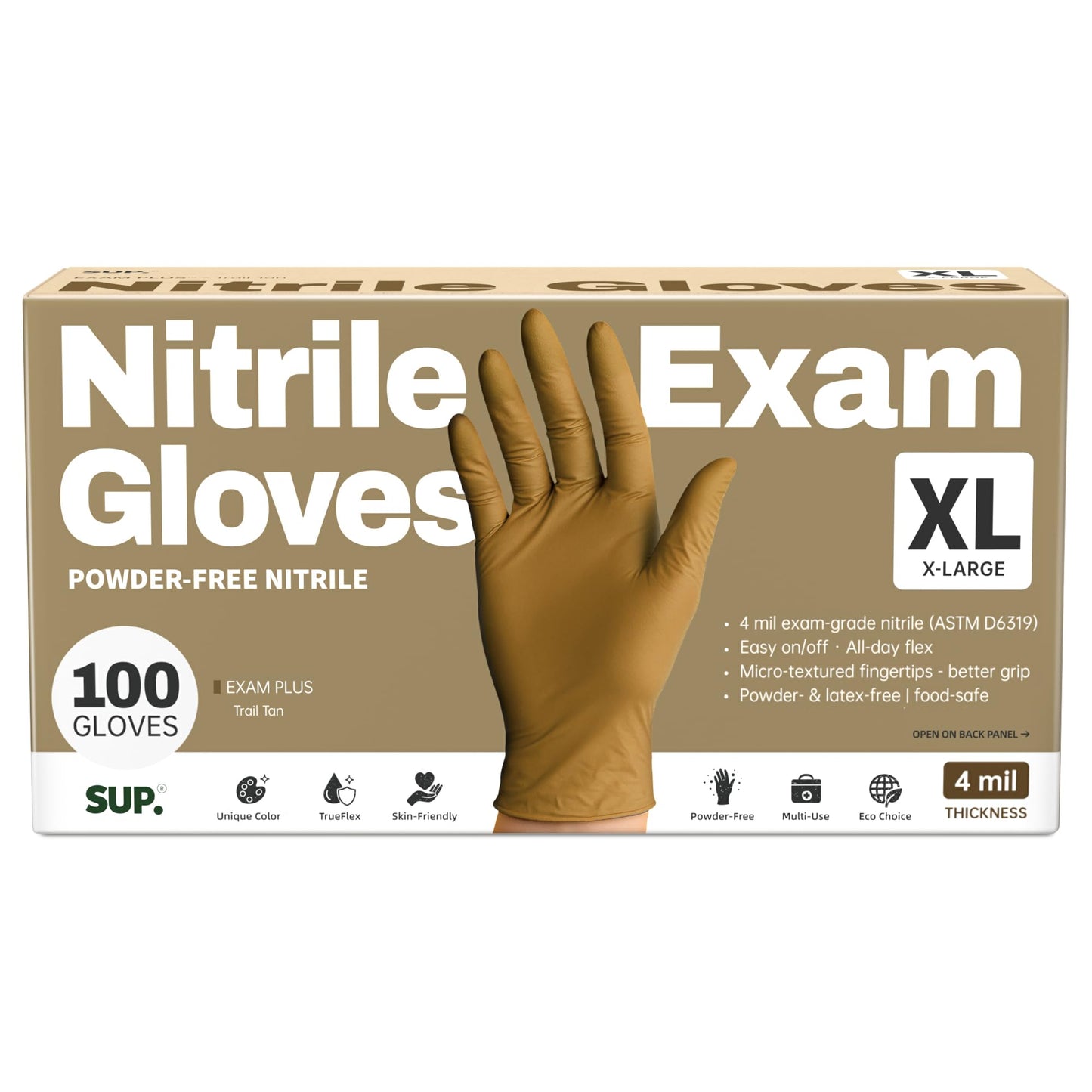 SUP Powder-Free Nitrile Gloves, 100 Count Food Safe Latex-Free Disposable Gloves for Medical Cooking Cleaning Food Prep, Tan (X-Large)