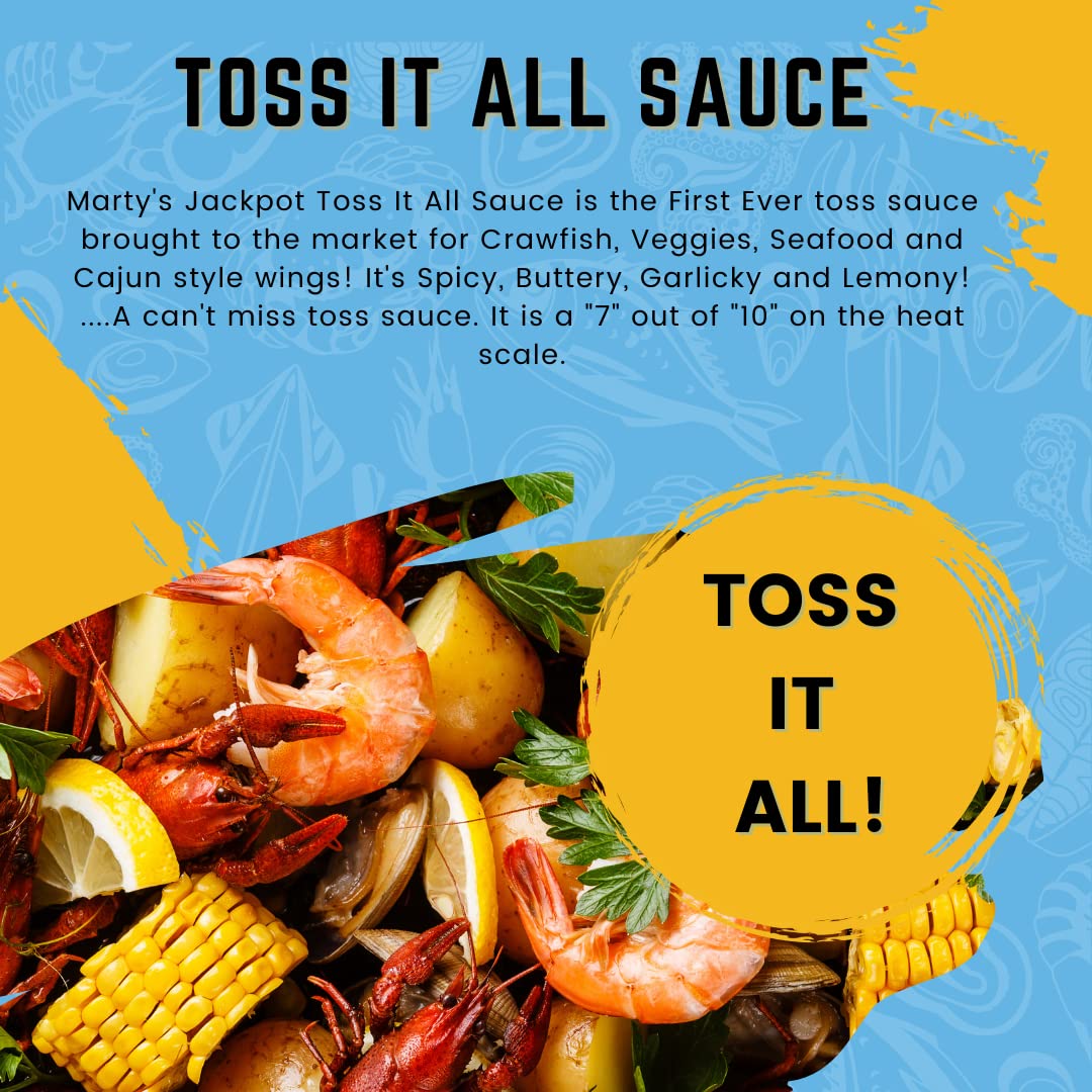 Marty’s Jackpot Spicy Garlic & Lemon Toss It All Sauce - Delicious Flavor, First Ever toss sauce brought to the market for Crawfish, Veggies, Seafood