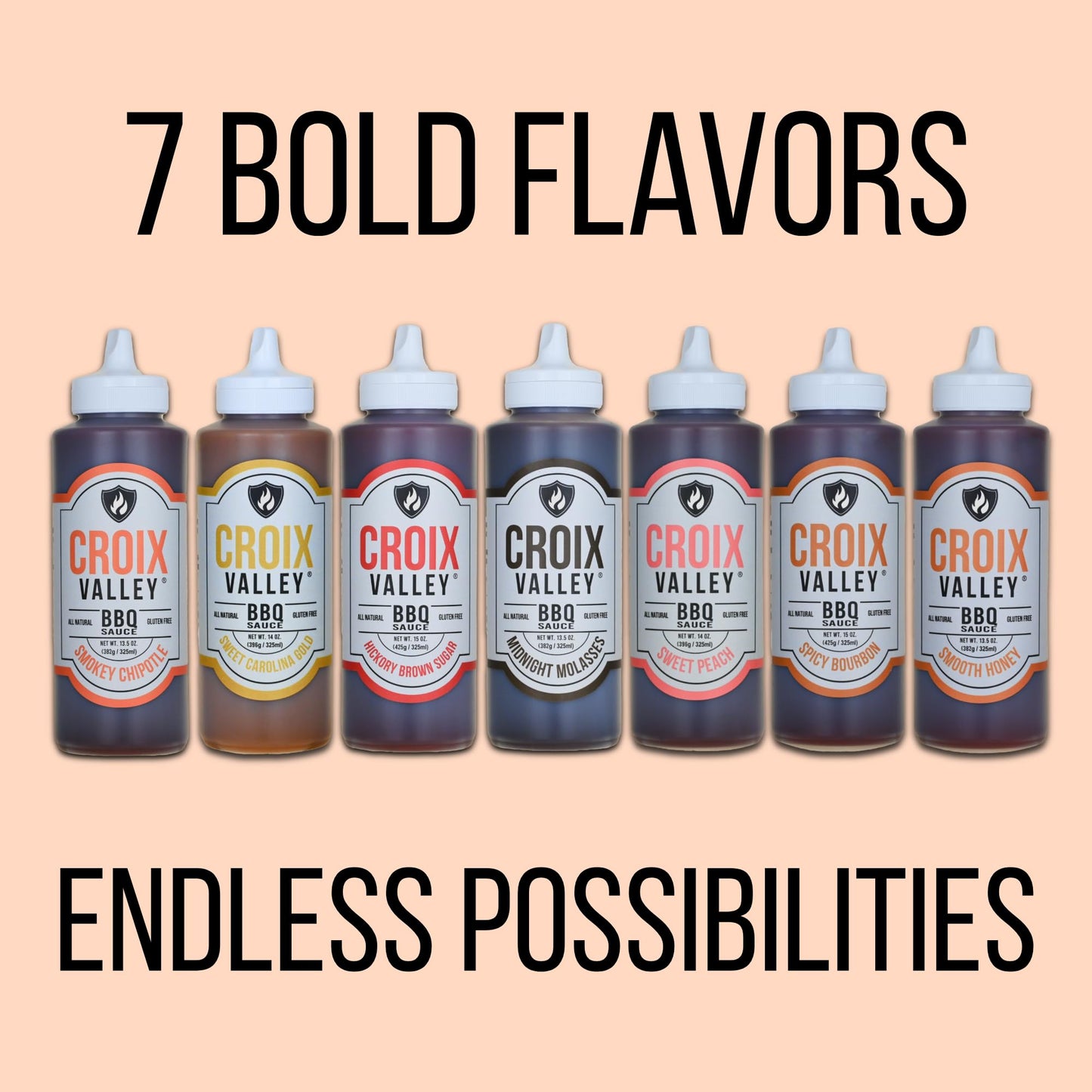 Croix Valley Foundry Series BBQ Sauce Variety Pack - 7 Pack (11 oz Squeeze Bottles) - Assorted Flavors - Gluten-Free, No MSG - BBQ Sauces