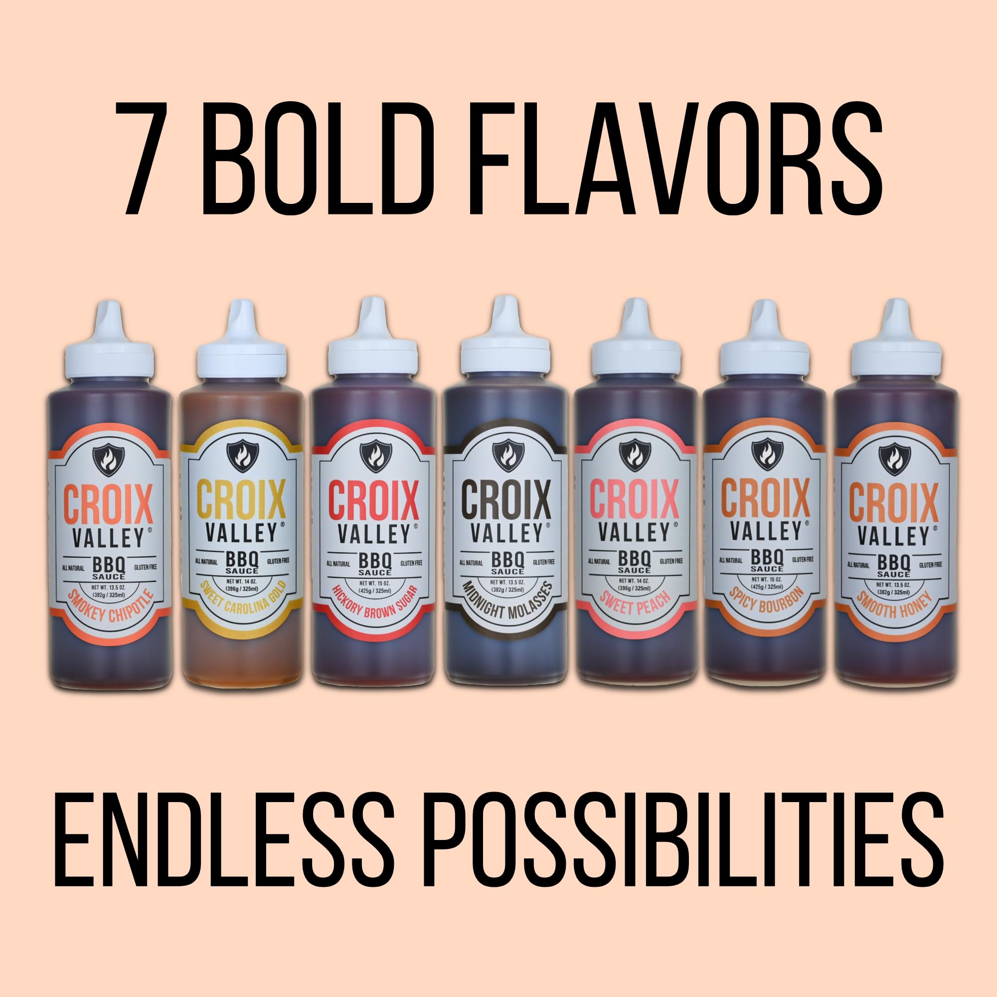 Croix Valley Foundry Series BBQ Sauce Variety Pack - 7 Pack (11 oz Squeeze Bottles) - Assorted Flavors - Gluten-Free, No MSG - BBQ Sauces