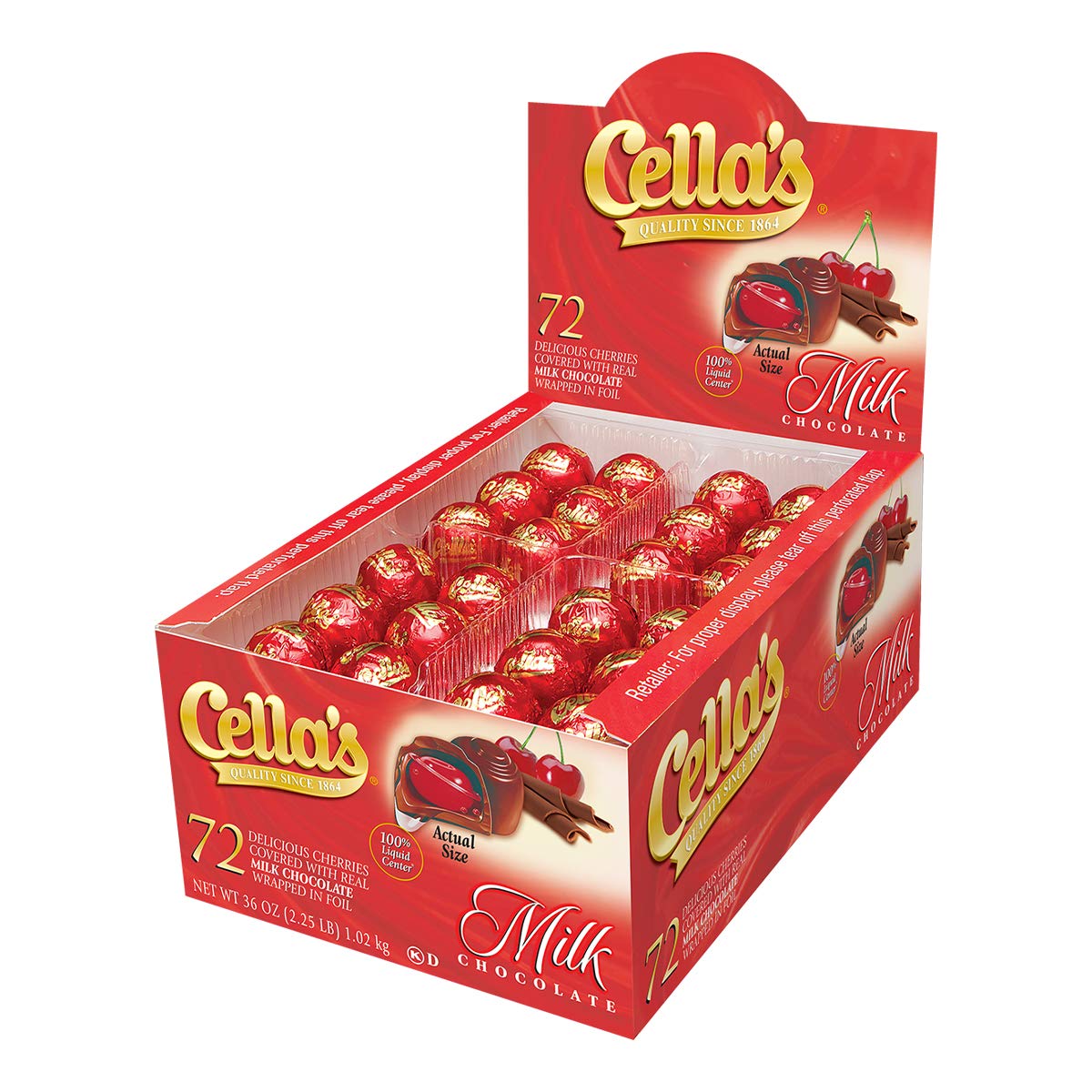 Cella's Milk Chocolate Covered Cherries - Premium Cherry Cordial Candies - Individually Wrapped with Display Box - Peanut Free, Gluten Free - 72