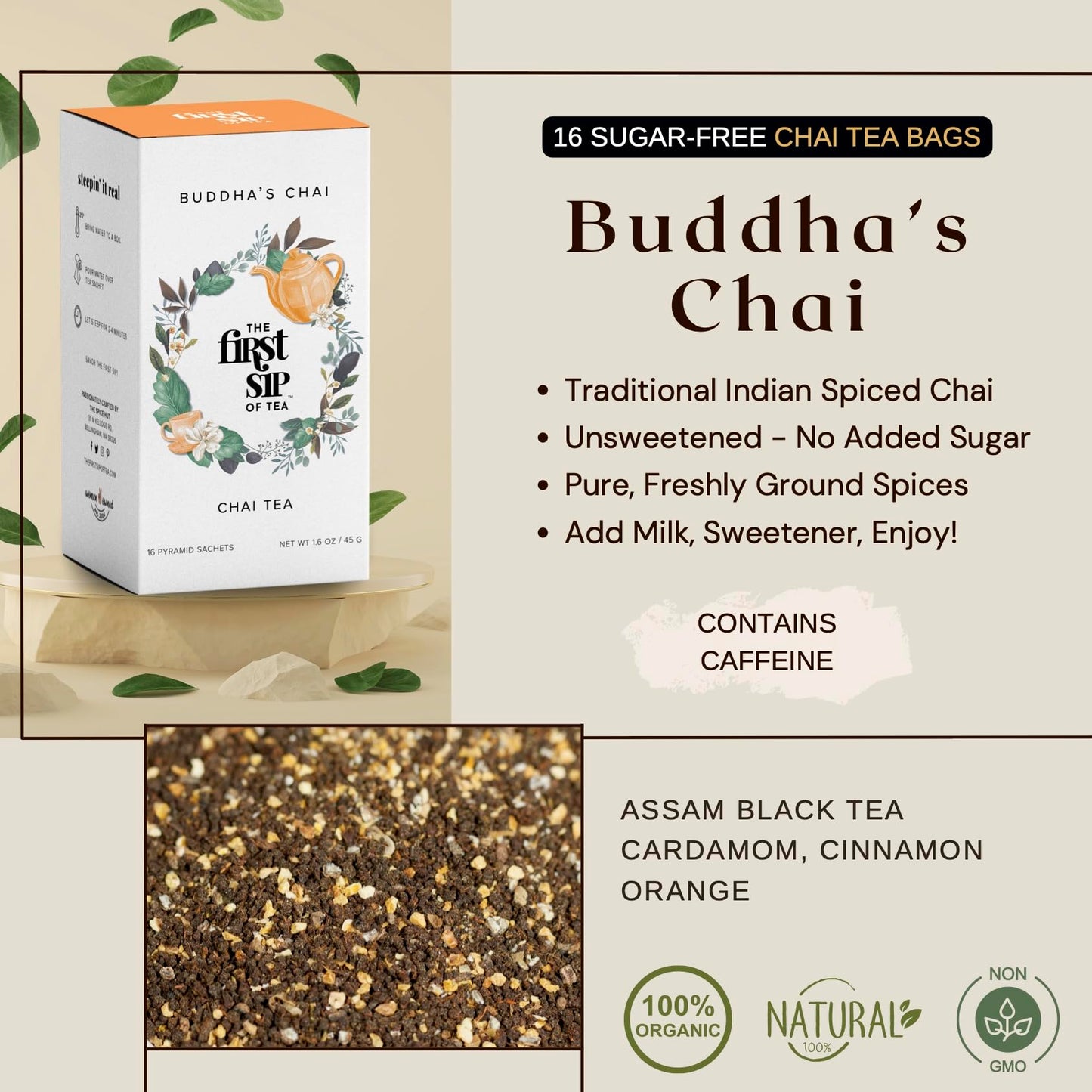 Buddha's Chai, Cardamom Chai Tea Bags w/Cinnamon, High Caffeine, Hot & Iced Tea, 16 Cups, No Sugar Added Spiced Chai Black Tea | The Spice Hut, First