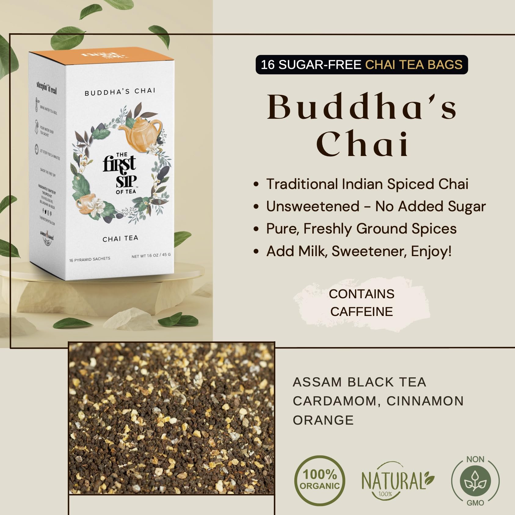 Buddha's Chai, Cardamom Chai Tea Bags w/Cinnamon, High Caffeine, Hot & Iced Tea, 16 Cups, No Sugar Added Spiced Chai Black Tea | The Spice Hut, First