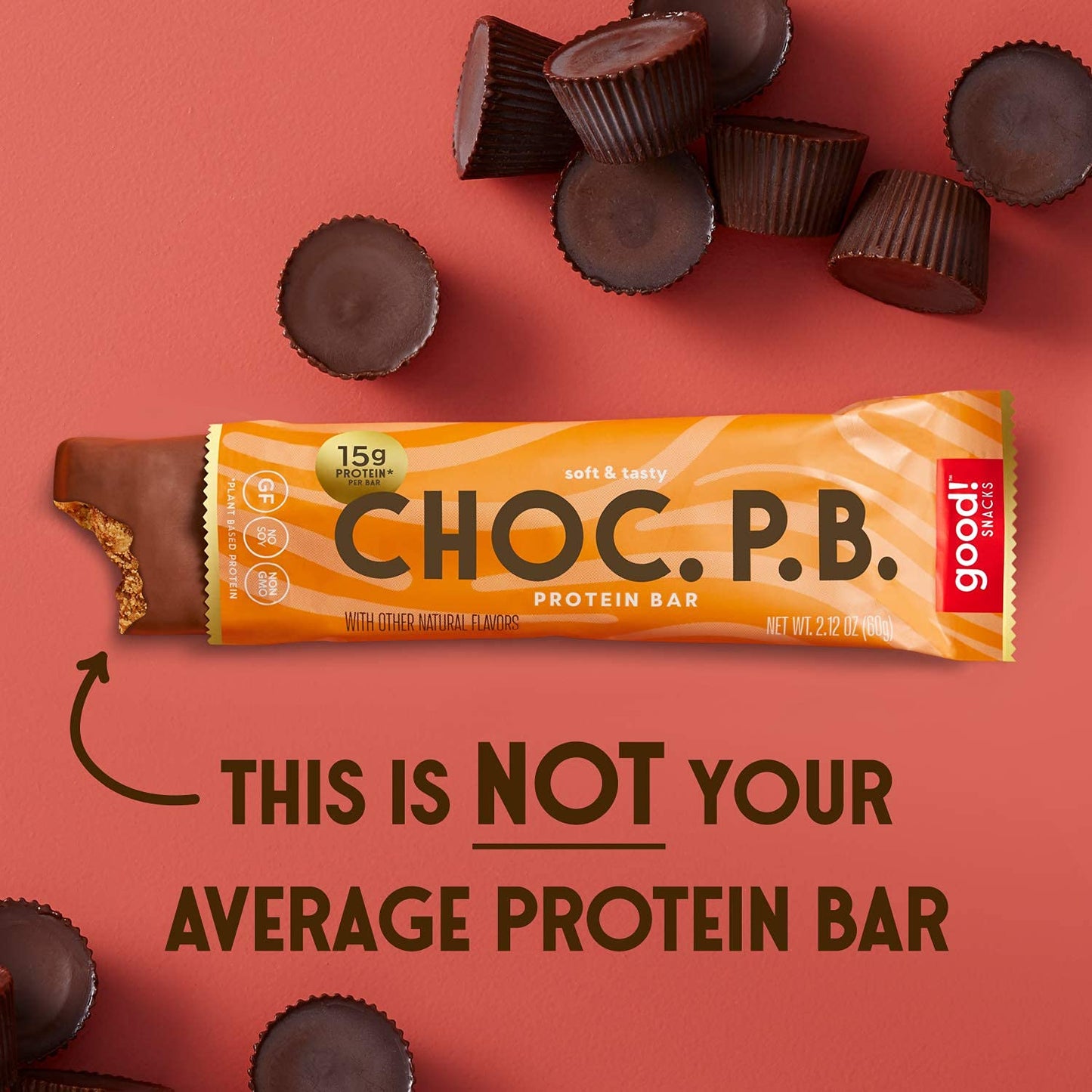 good! Snacks Chocolate Peanut Butter Vegan Protein Bar, Soy & Gluten Free, Plant Based, Low Sugar, 15g Clean Protein, Natural Healthy Snack, Kosher