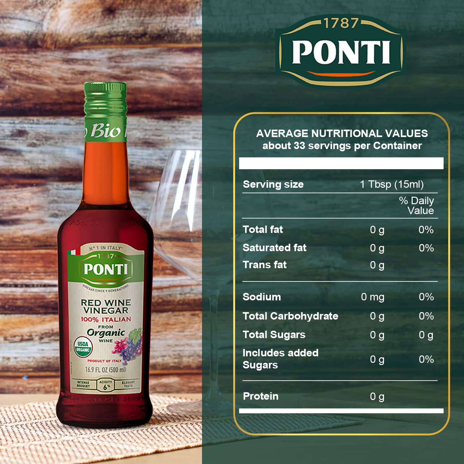 Ponti 100% Italian Red Wine Vinegar for Cooking - Organic Red Wine Vinegar with Balanced Acidity & Harmonious Bouquets - Ideal for Salads, Seafood and Dark Meats - USDA Certified, 16.9 fl oz