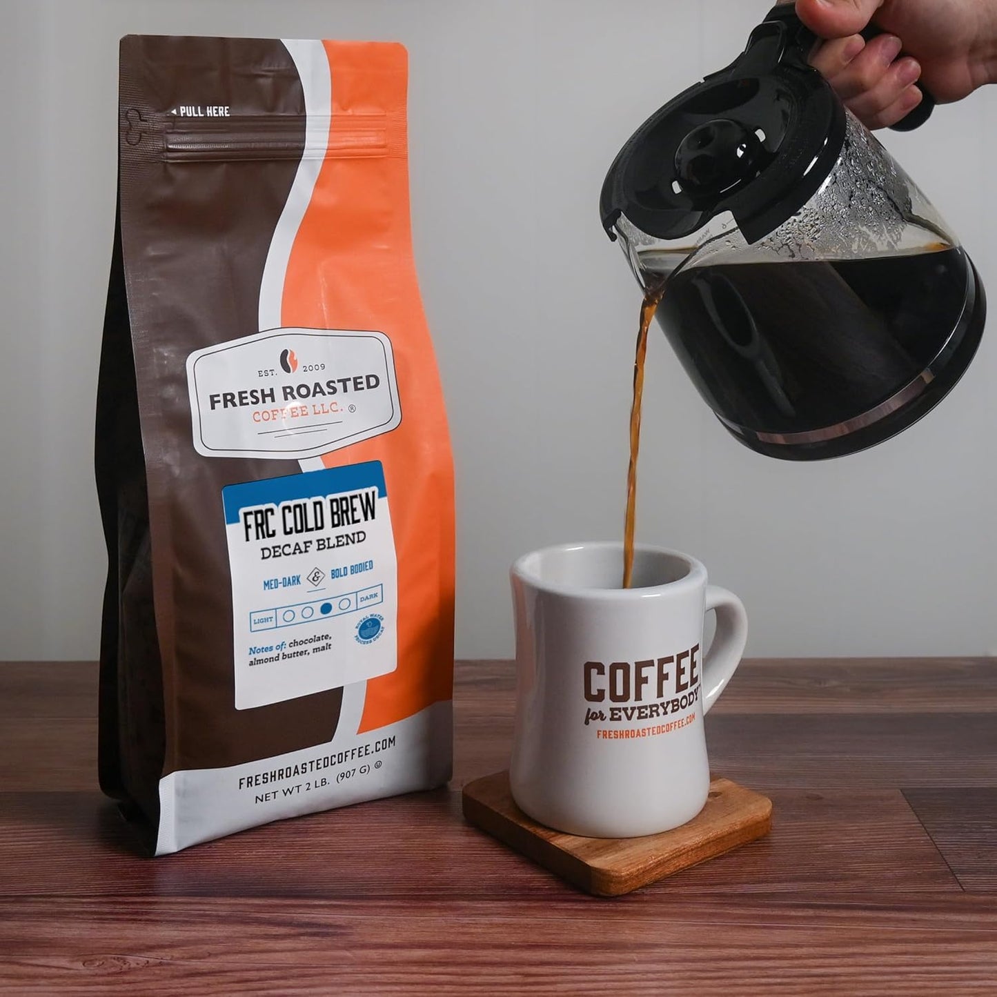 Fresh Roasted Coffee, FRC Cold Brew Decaf Whole Bean Coffee, Med-Dark Roast, Kosher, 2 lb (32 oz)