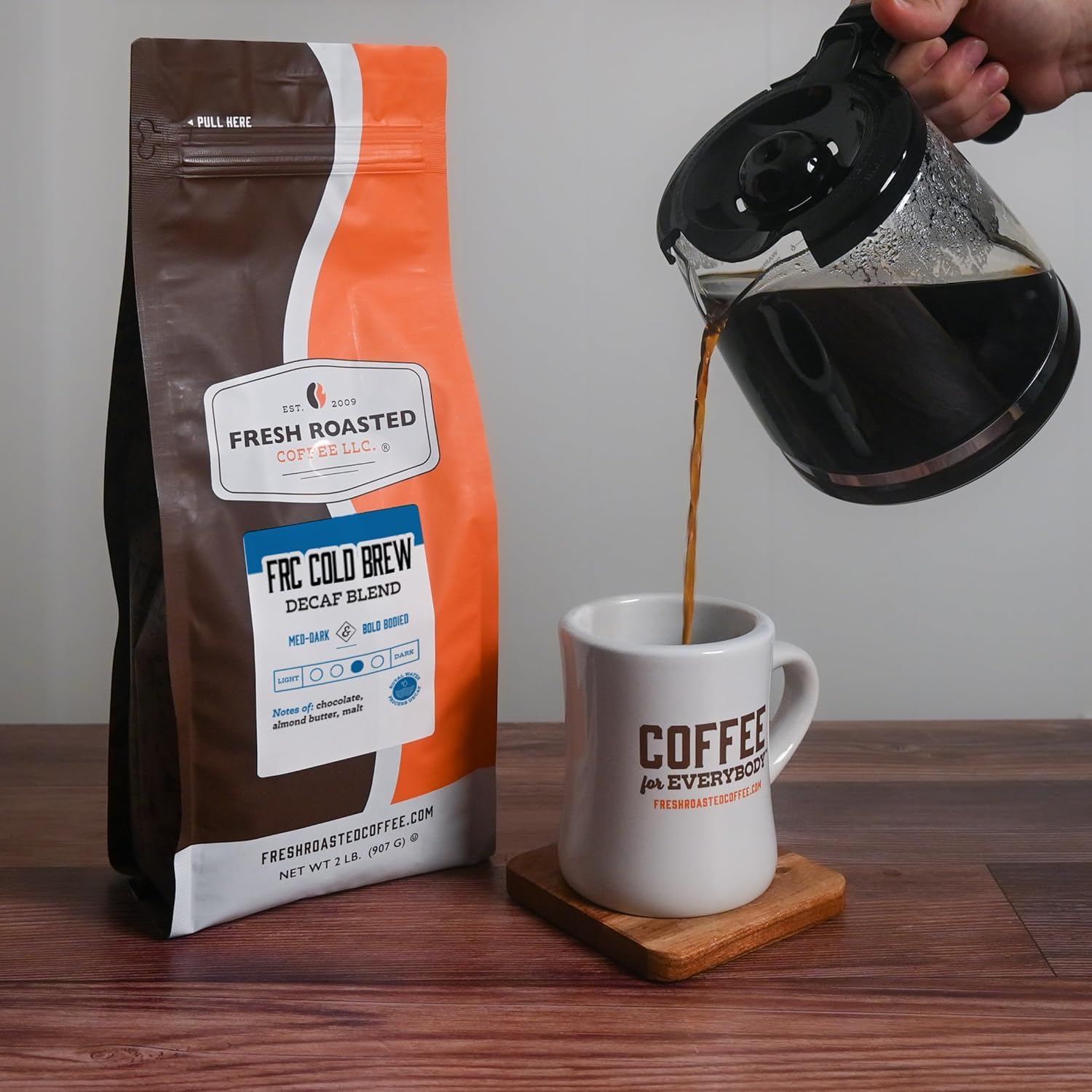 Fresh Roasted Coffee, FRC Cold Brew Decaf Whole Bean Coffee, Med-Dark Roast, Kosher, 2 lb (32 oz)