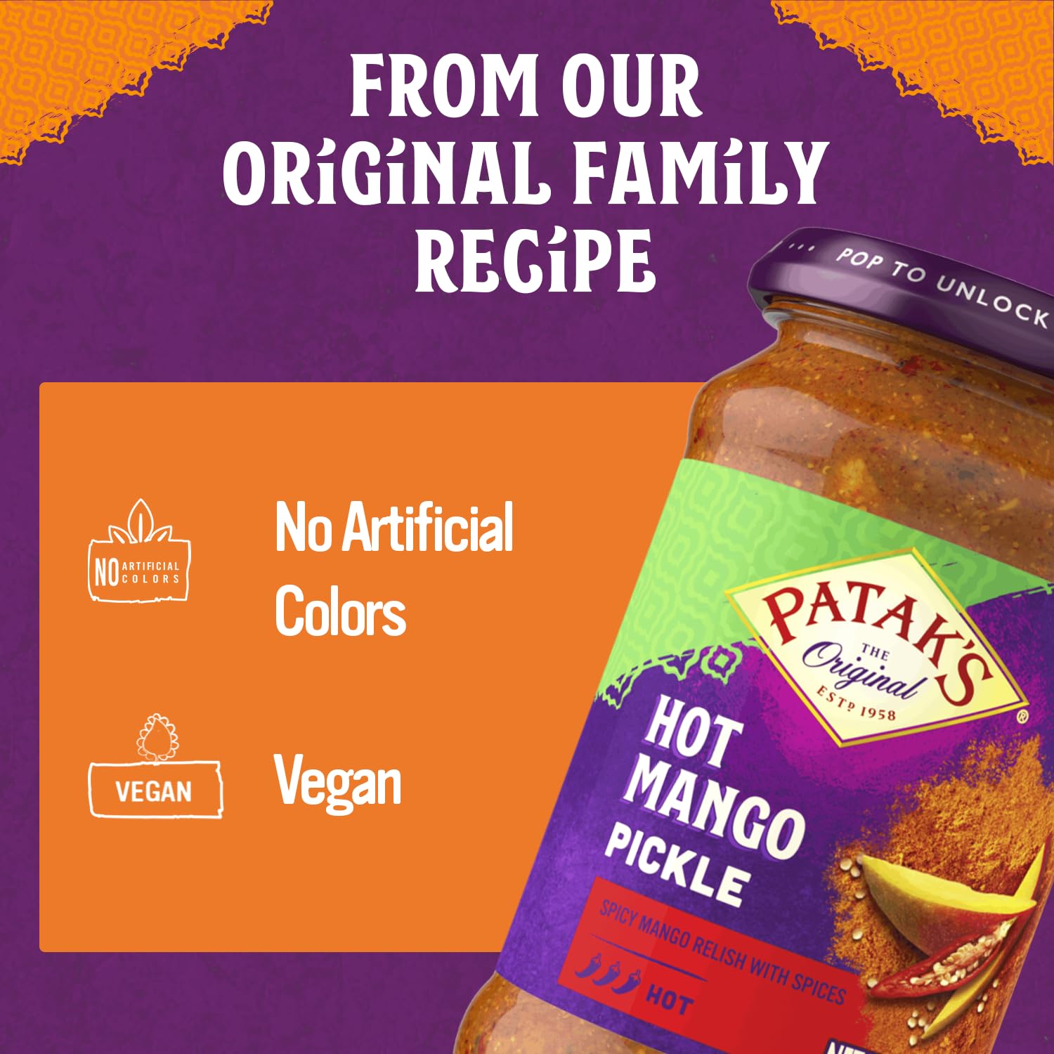 Patak’s Hot Mango Pickle - Authentic Indian Relish w/Mango Chunks, Mustard Seeds & Aromatic Spices - Perfect for Sandwiches, Salads & Cold Meats